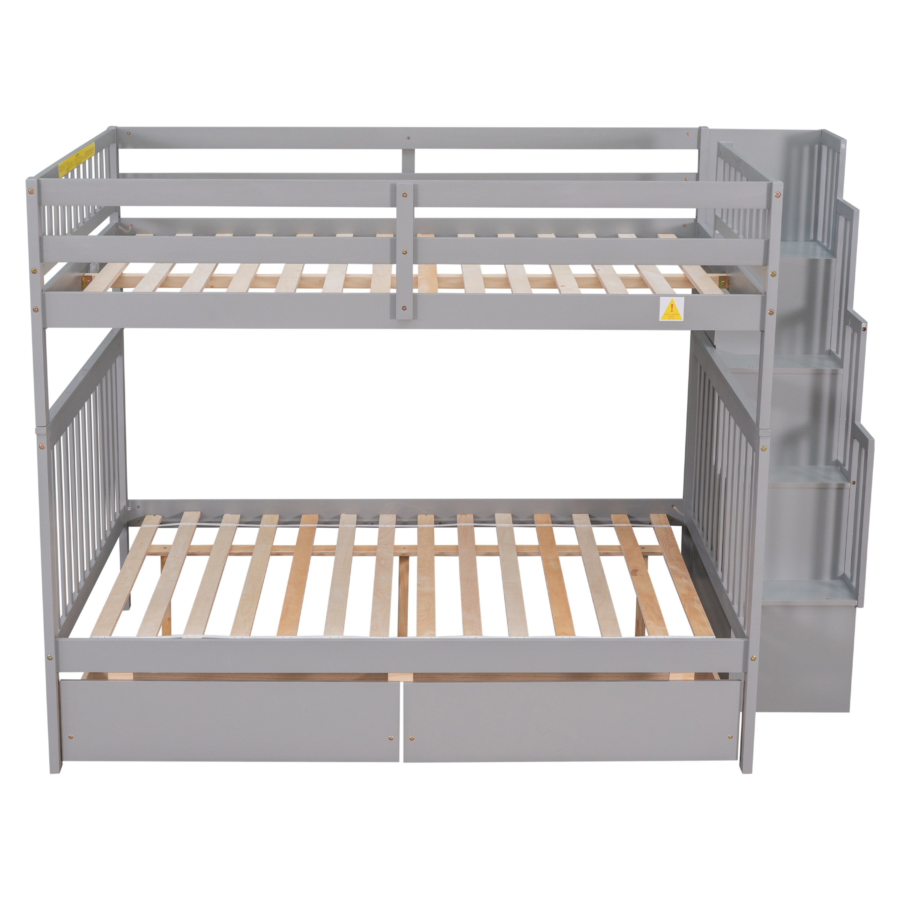 Full Over Full Bunk Bed with 2 Drawers, Staircases, and Convertible Option, Pine Bed with Staircase Storage and Safety Rails