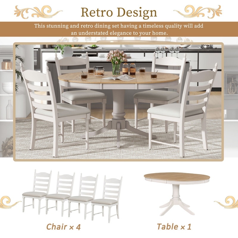 5-Piece Round Dining Table Set Wood Extendable Dining Table with 4 Upholstered Chairs Retro & Functional Dining Set of 4 People