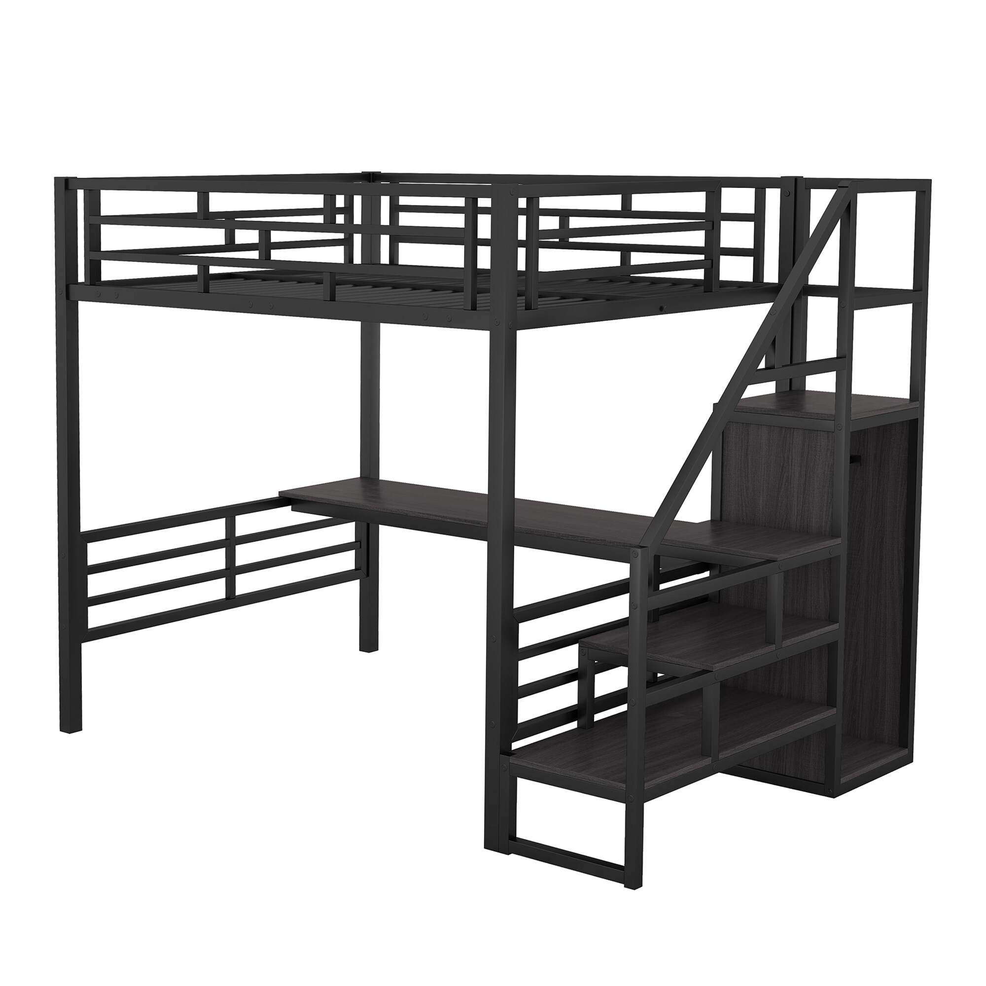 Full Size Metal Loft Bed with Desk, Storage Staircase and Small Wardrobe, Storage Stairs Can be Installed Left and Right