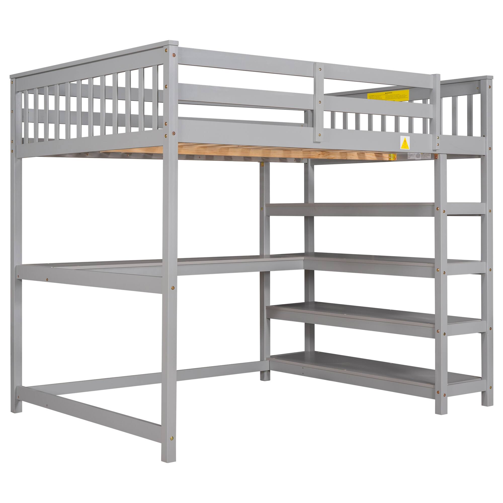 Full Wood Loft Bed with Desk, 4-Storage Shelves & Under-Bed Desk, Grey