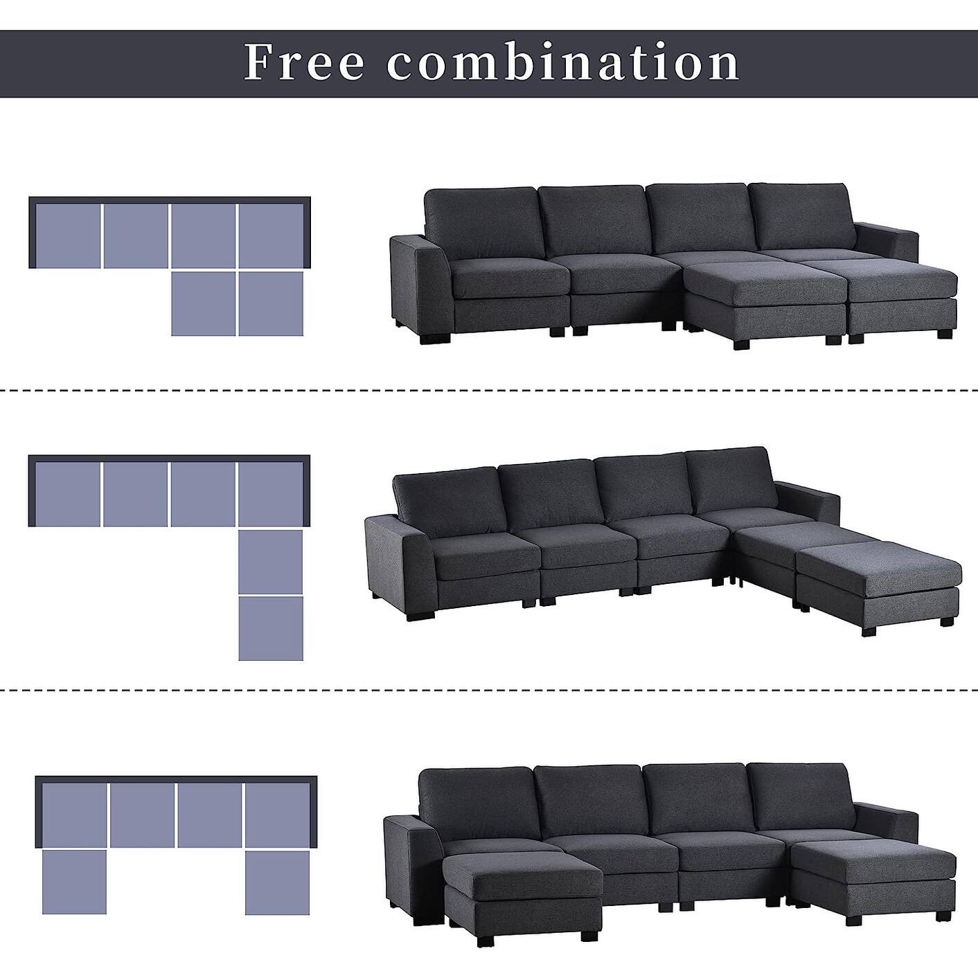 131" Upholstered U-Shaped Sectional Sofa Sets with Removable Ottomans & Solid Wood Frame
