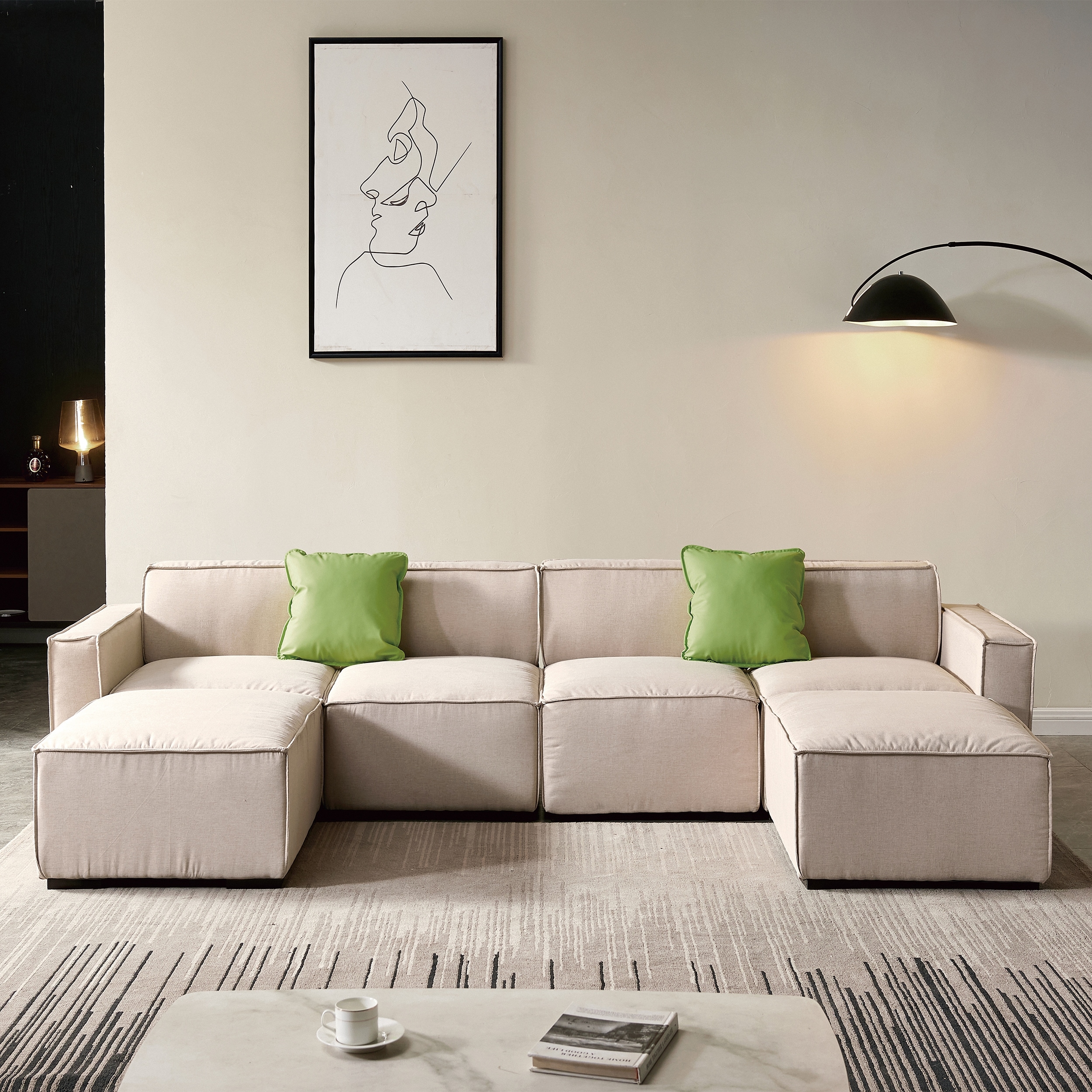 Modular U-Shaped Sectional Fabric Couch Sectional Sofas with Two Ottomans- 6 Seat Upholstered Sofa Couch for Living Room