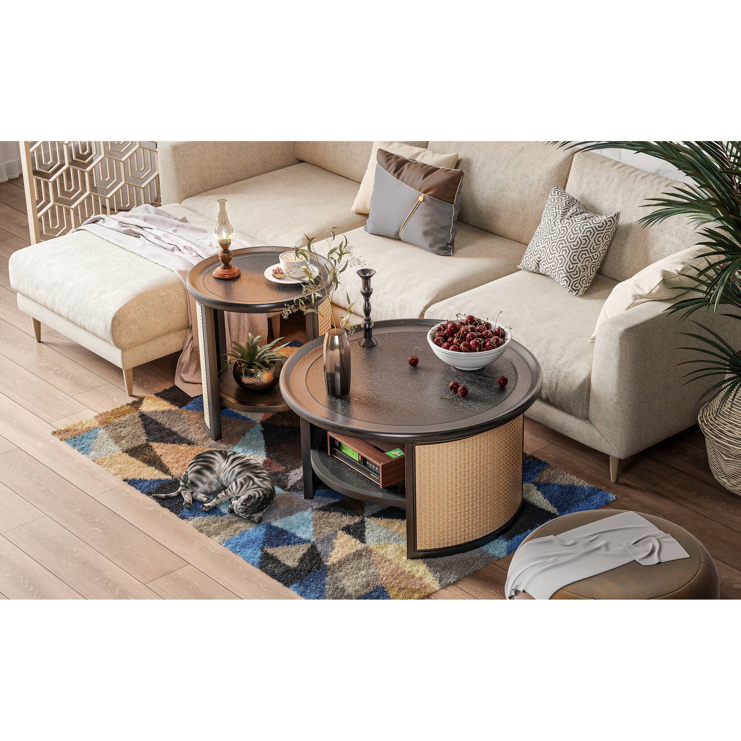 COZAYH Modern Farmhouse Round End Table with Storage Shelf, Wood Tray Top Coffee Table with Rattan Frame for Living Room