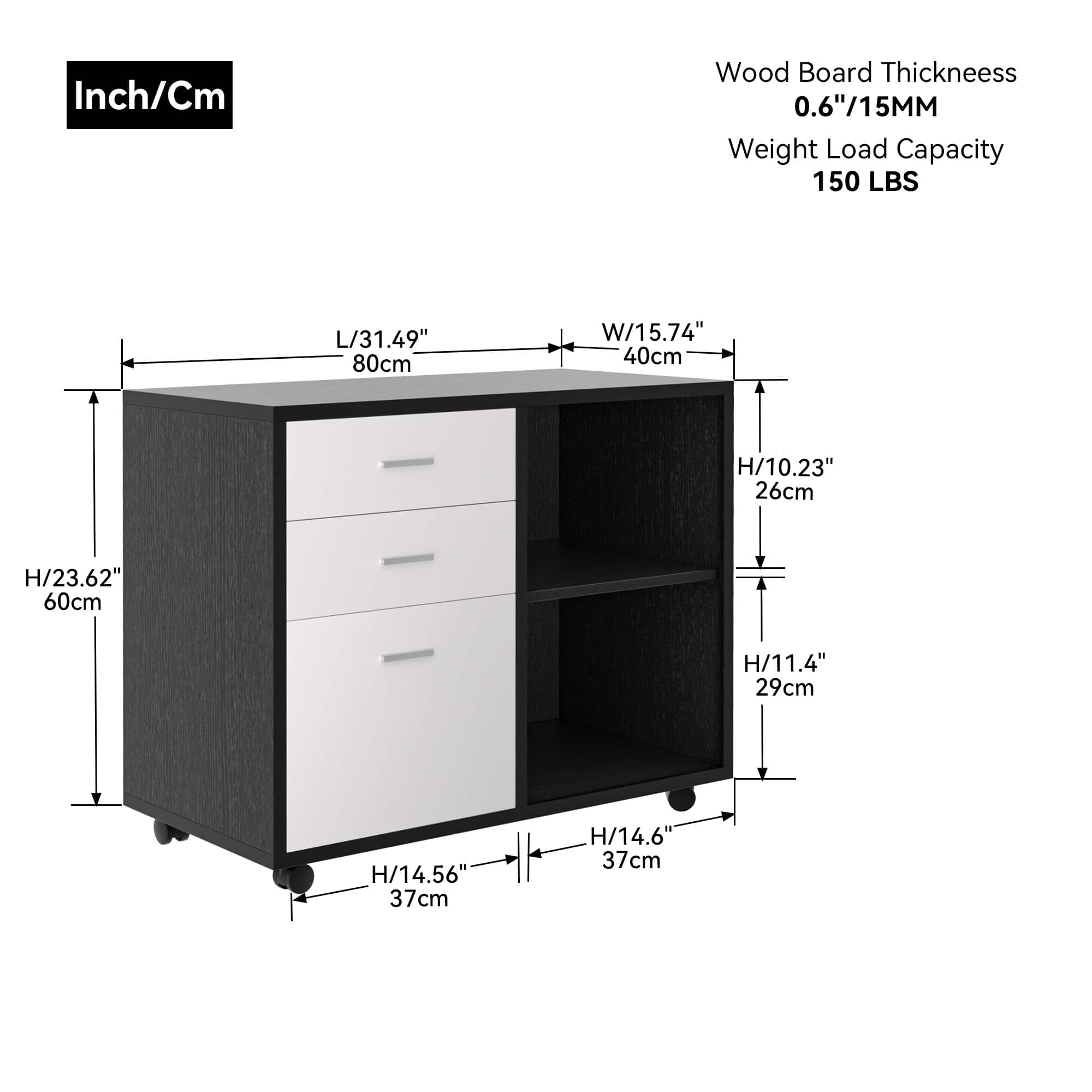 Wooden Black Filing Cabinet with 3 Drawers and Two Open Shelves - Mobile Design with Wheels
