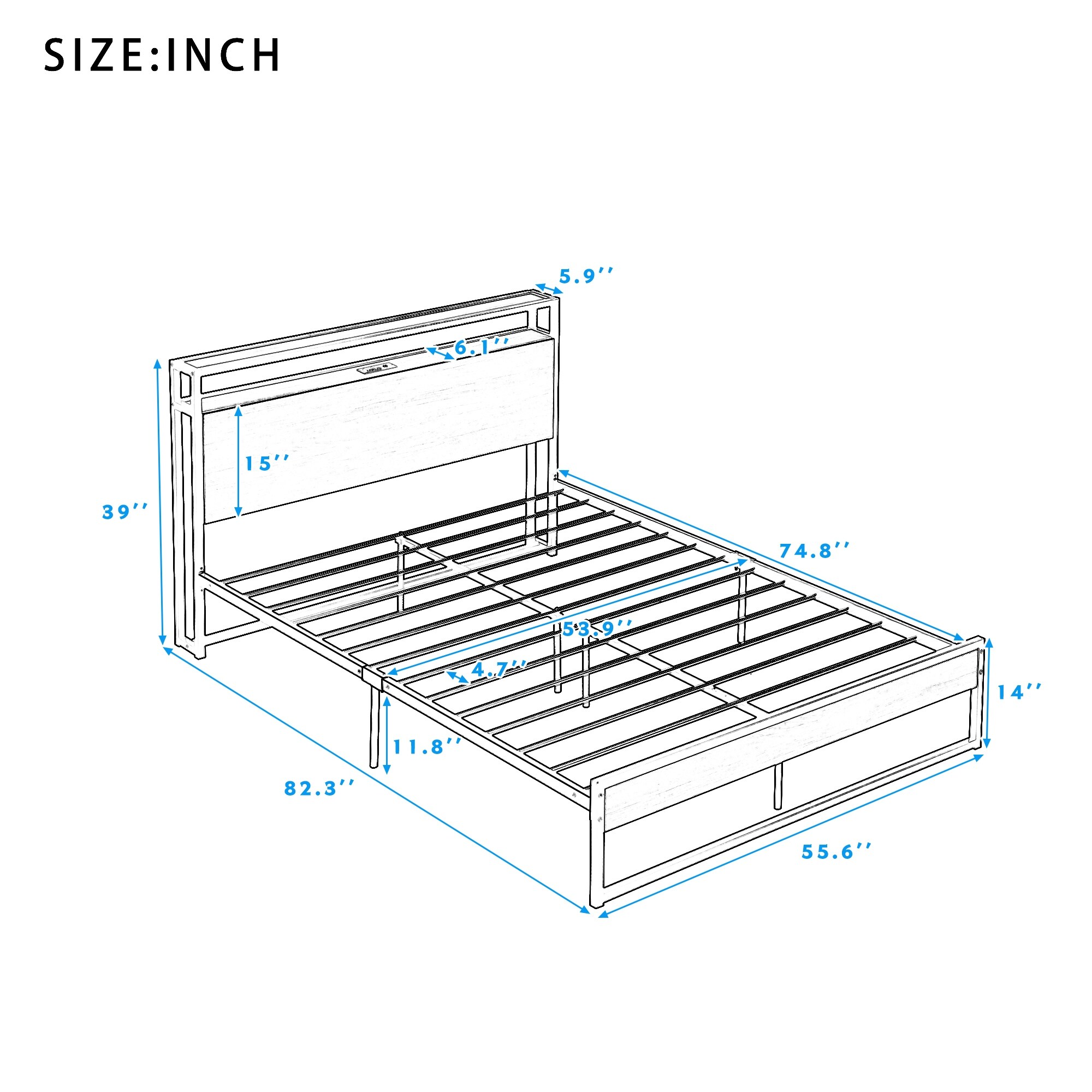 Full Size Metal Platform Bed Frame with Wood Headboard, Sockets and USB Ports, Quality Steel Slat Support, Bedroom Furniture