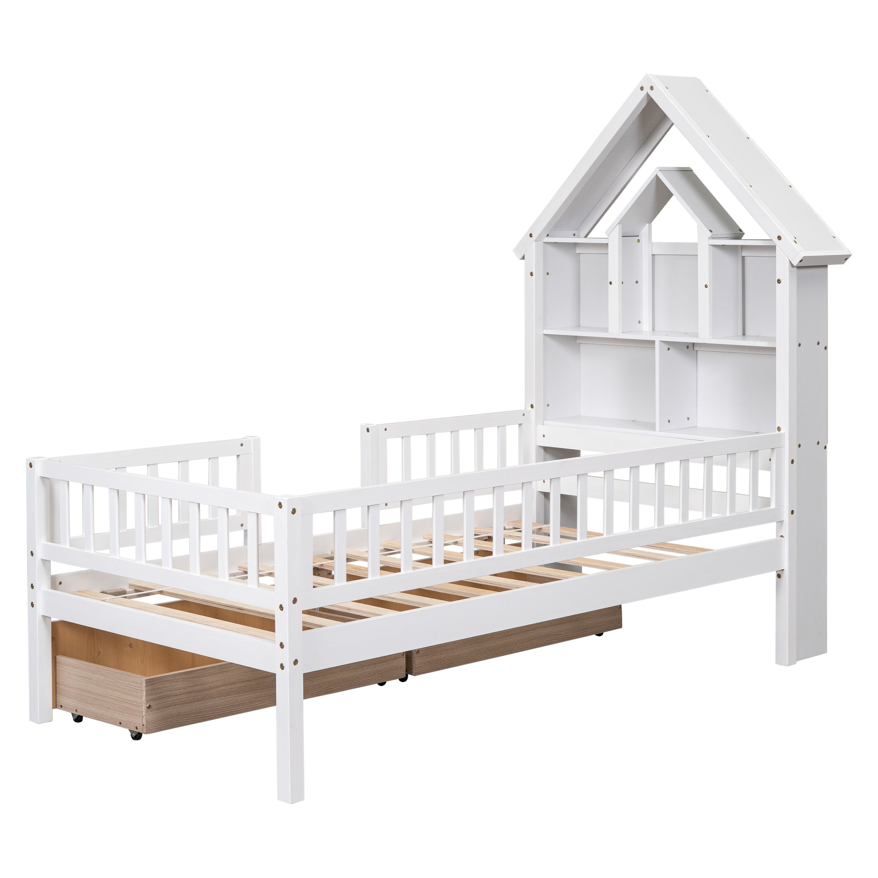 House-Shaped Pine Twin Size Bed with Drawers