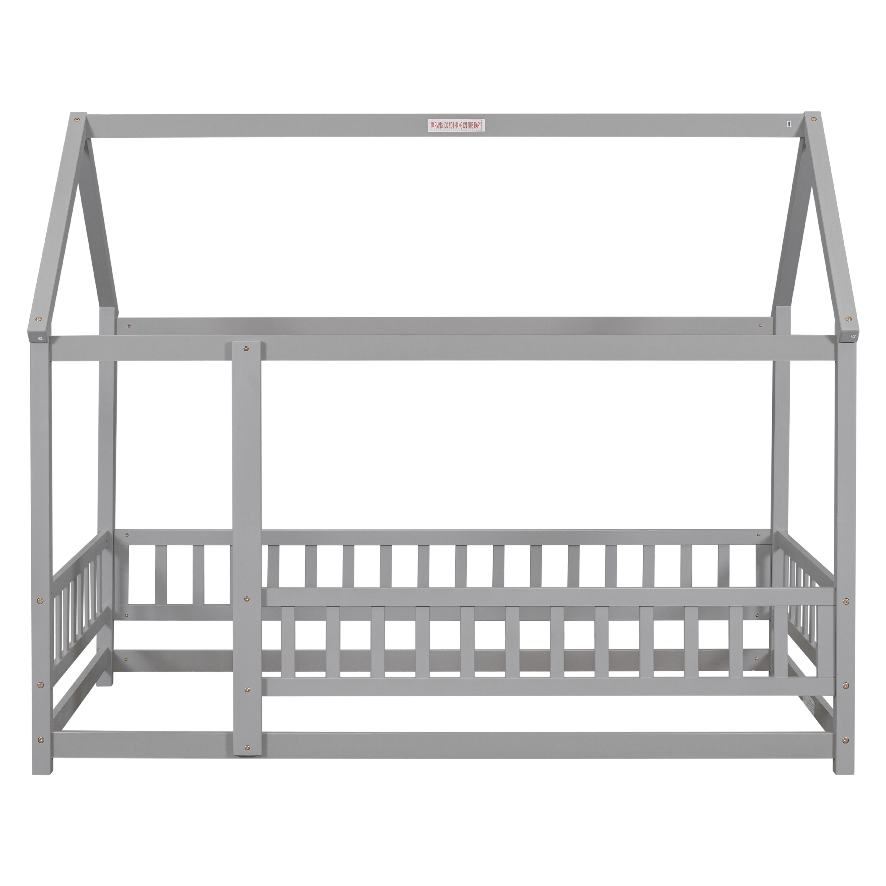 Twin Size Floor Solid Wooden Bed with House Roof Frame and Fence Guardrails - Adorable Style for Toddler with Kids' Bedroom