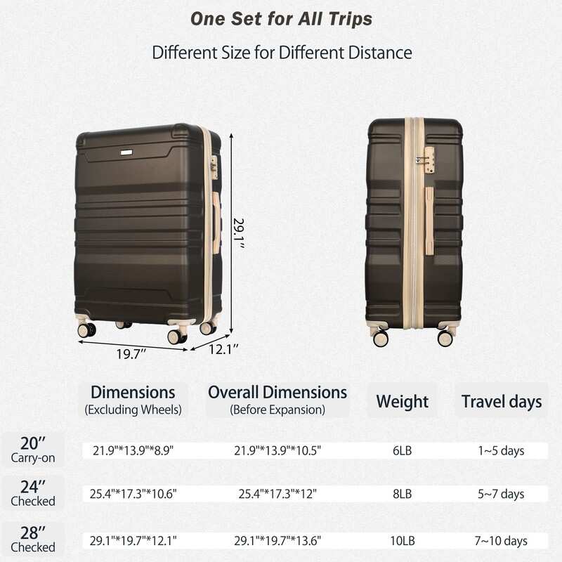 Expandable Hardshell 3pcs Luggage Hardside Lightweight with TSA Lock 20''24''28'', Brown White