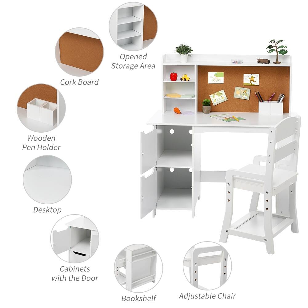 Wooden Study Desk and Chair Set for Kids,White Learning Table , Bulletin Board, and Cabinets , for Boys and Girls Ages 3-8