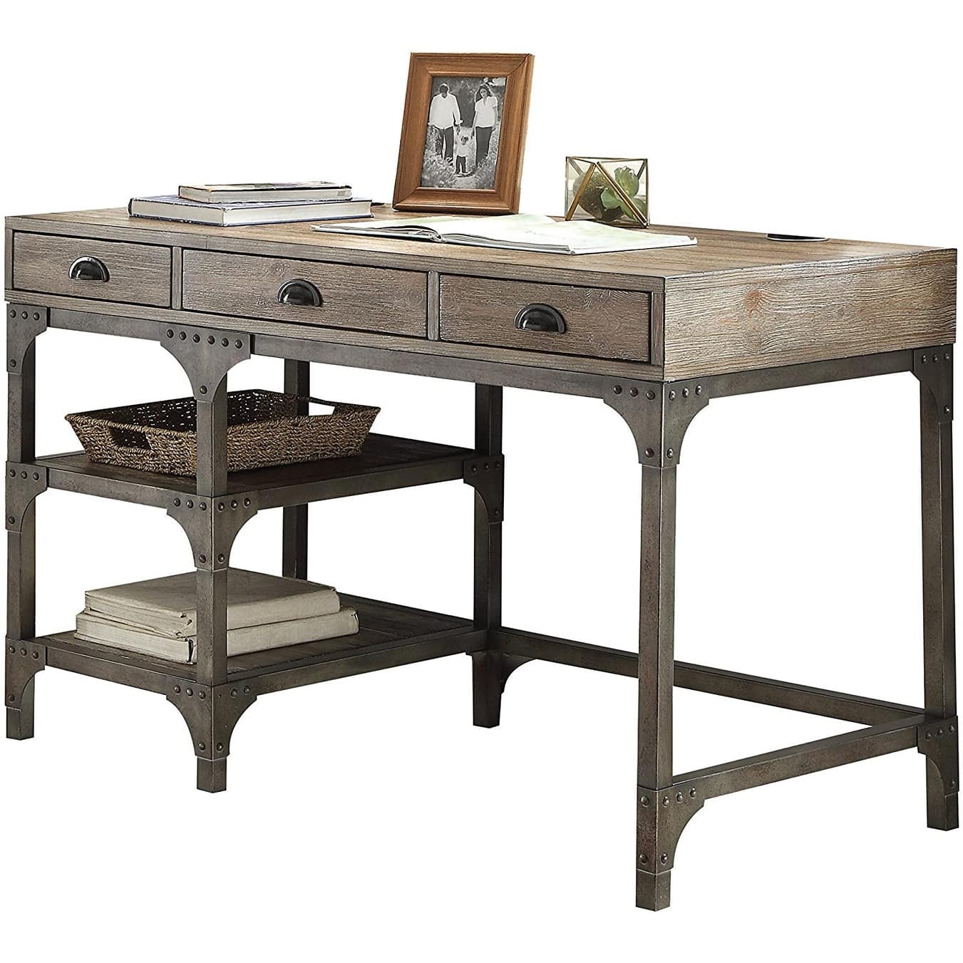 Industrial Writing Desk in Weathered Oak & Antique Silver with 3 Drawers and 2 Shelves