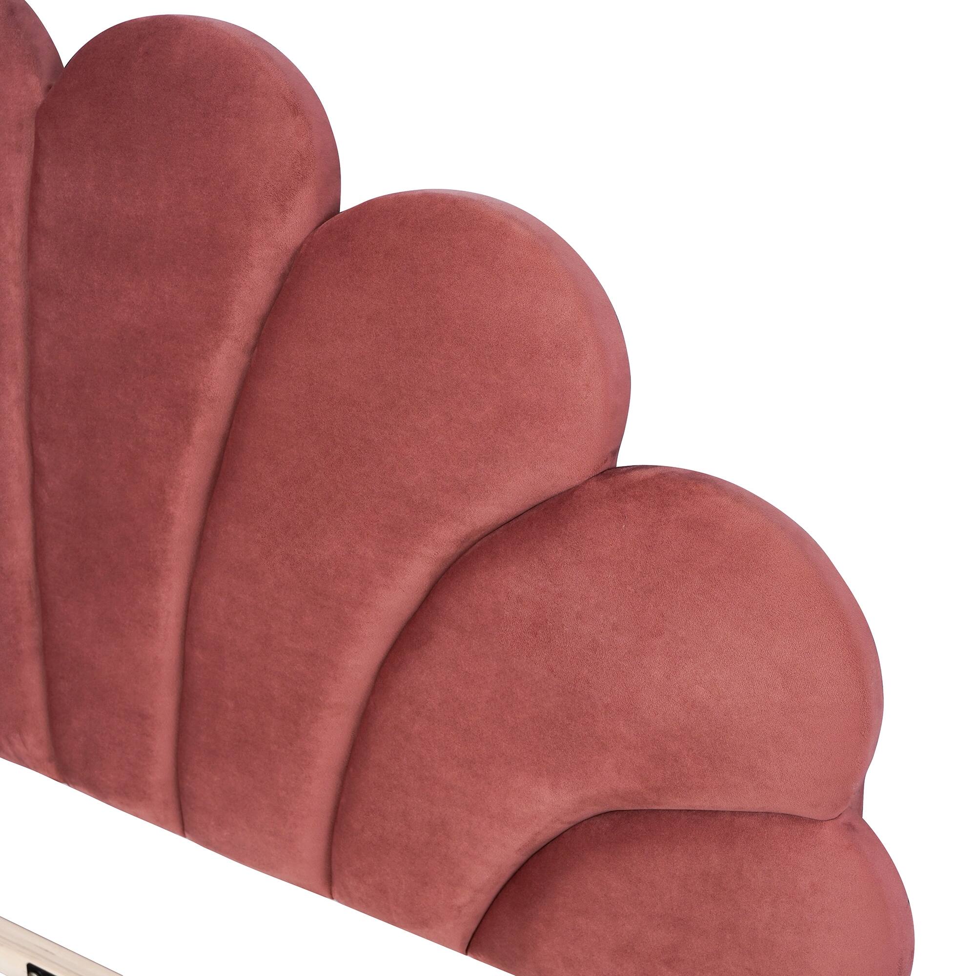Queen Size Upholstered Platform Bed with Flower Pattern Velvet Headboard, Bean Paste Red