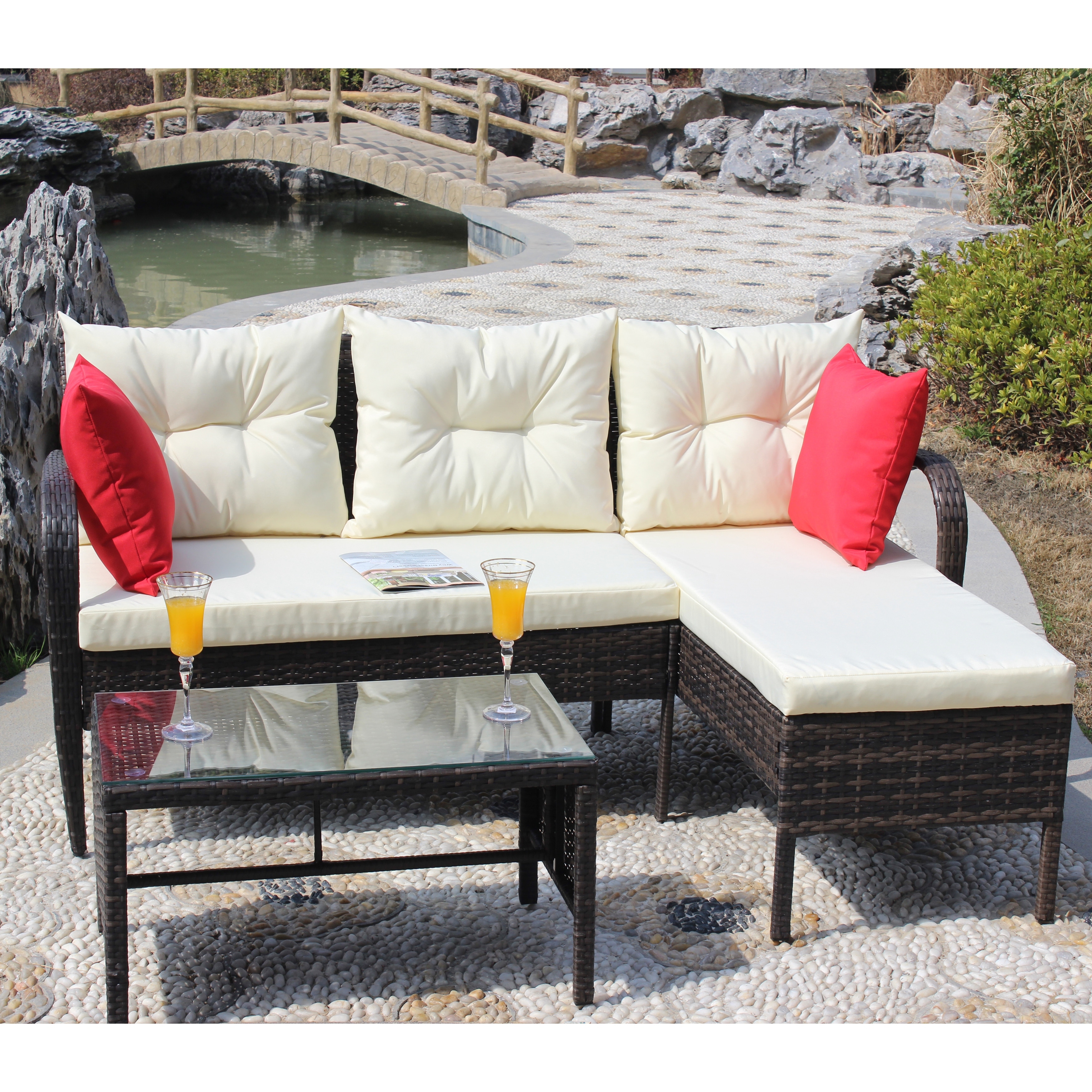 3-Piece Wicker Rattan Outdoor Sectional Sofa Set with Coffee Table, Beige