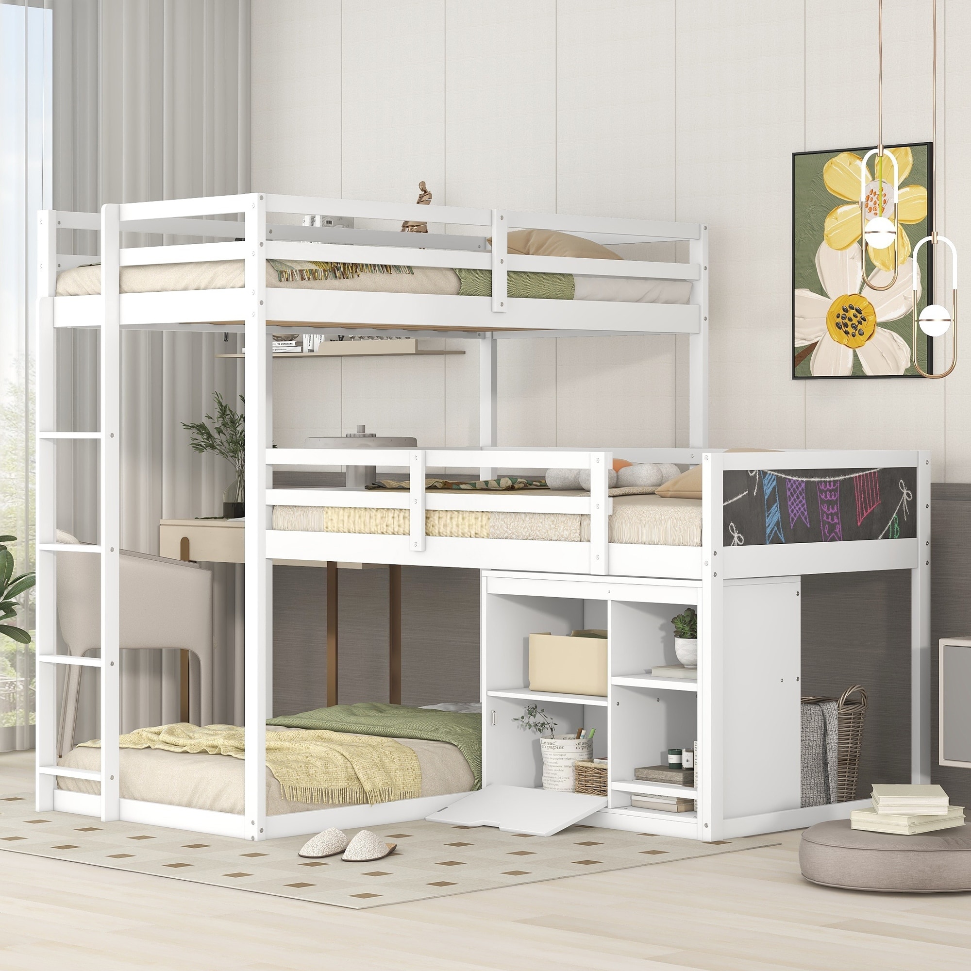 L-Shaped Triple Bunk Bed with Storage Cabinet, Blackboard, and Space-Saving Design