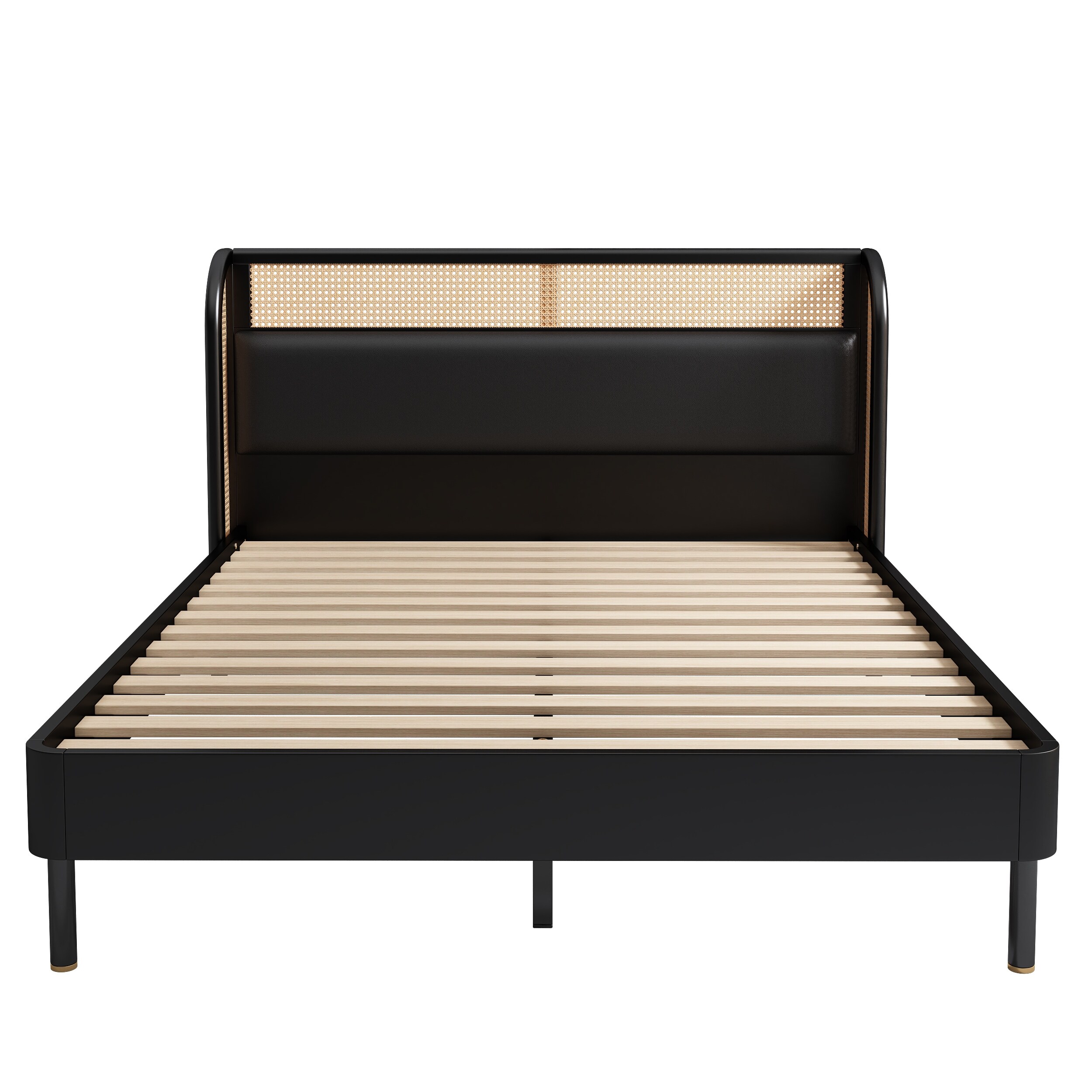 Queen Size Modern Cannage Rattan Wood Platform Bed with PU Leather Headboard, Black