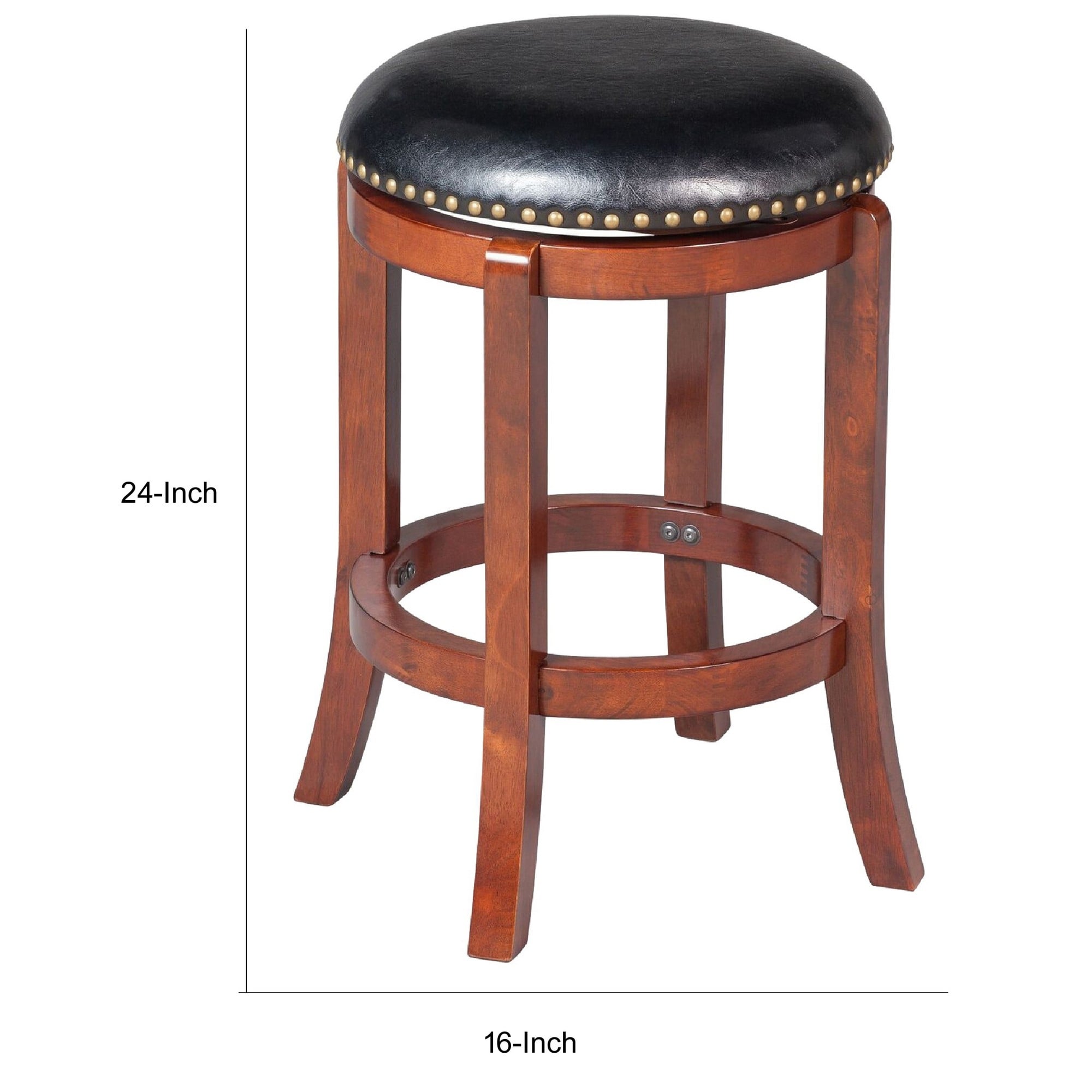 Ovi 24 Inch Swivel Counter Stool In Cherry Brown Wood, Nailhead Trim Seat