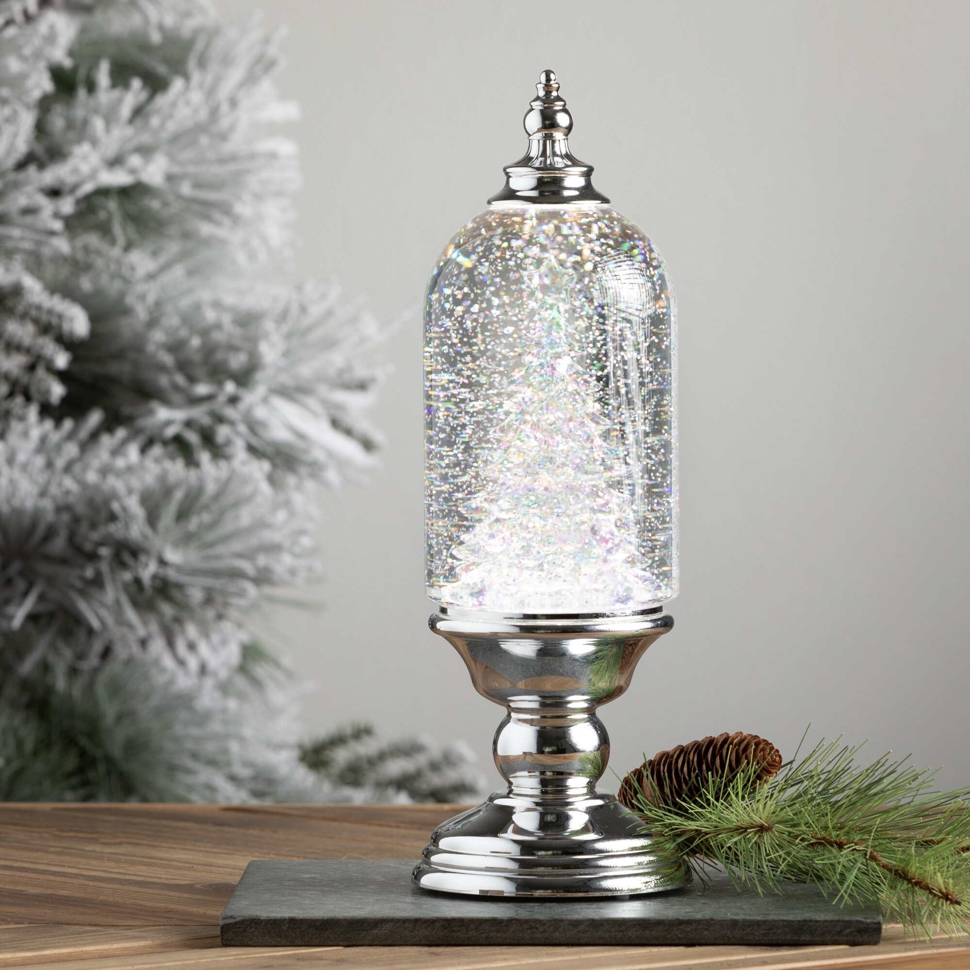 13"H Sullivans Lighted Tree Shimmer Globe, Christmas Decor, Silver - 4.25"L x 4.25"W x 13"H