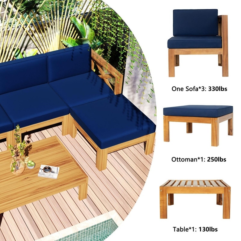 5-Piece Patio Wood Sectional Sofa Set