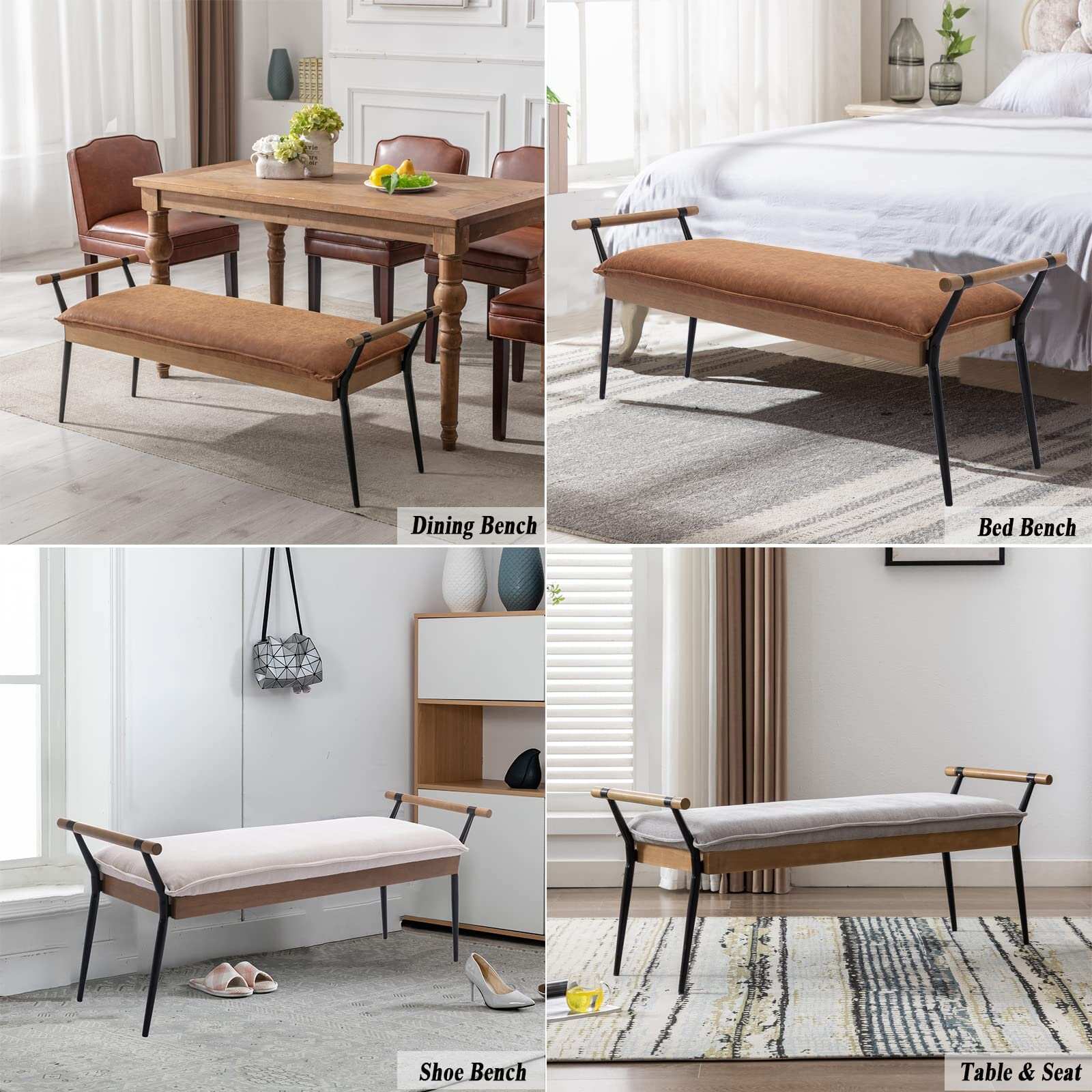 Modern Rectangle Ottoman Bench with Arms and Metal Legs, Mid Century PU Dining Table Bench Footstool Entryway Shoe Bench