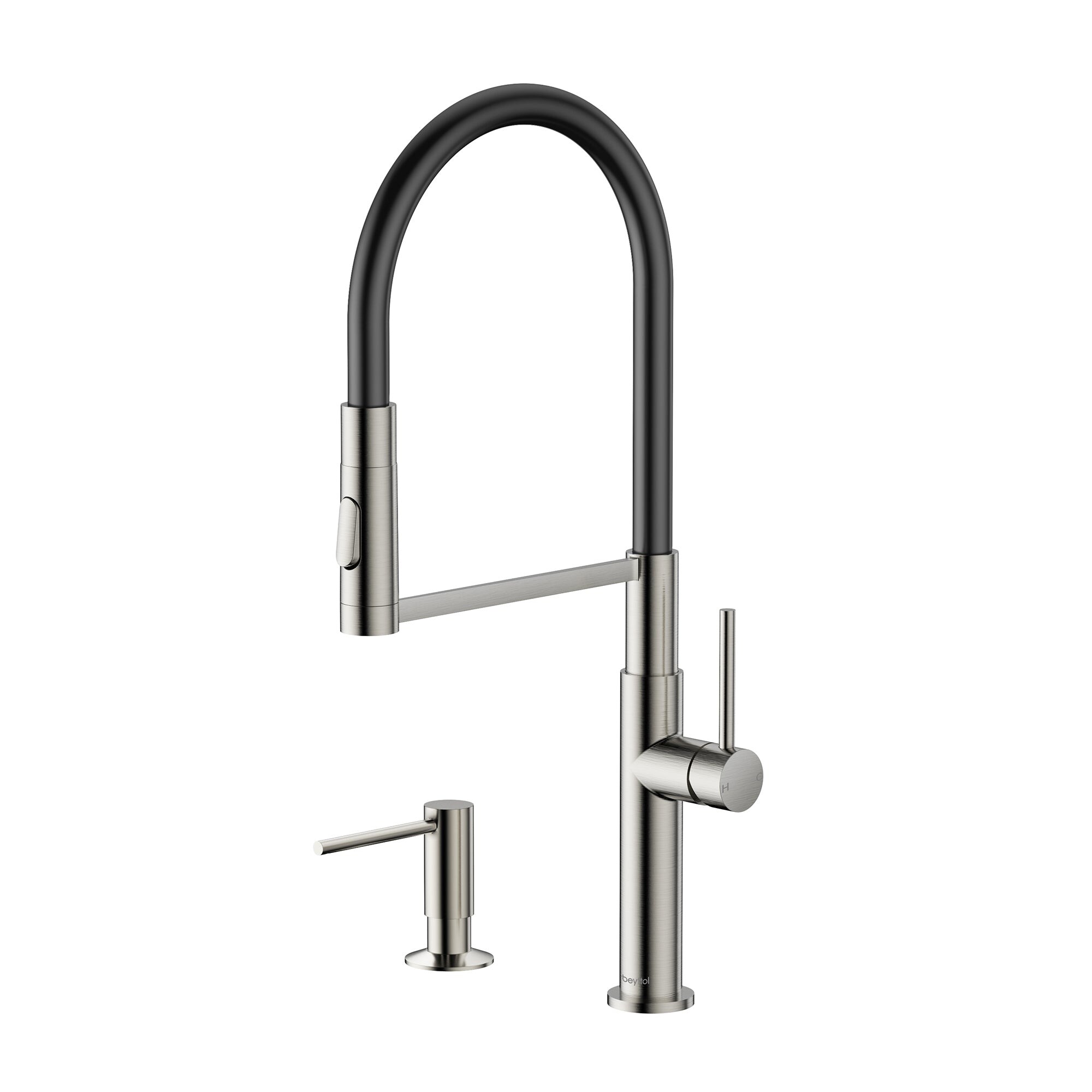 Single Handle Deck Mounted High Arc Brass Kitchen Faucet with Soap Dispenser