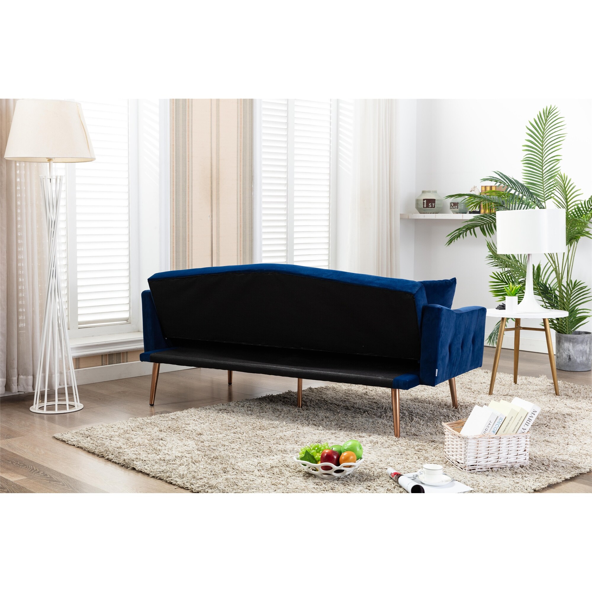 Navy Tufted Cushions Velvet Sofa, Accent Sofa, Loveseat Sofa with Stainless Feet Black Velvet, Converted Into a Sofa Bed