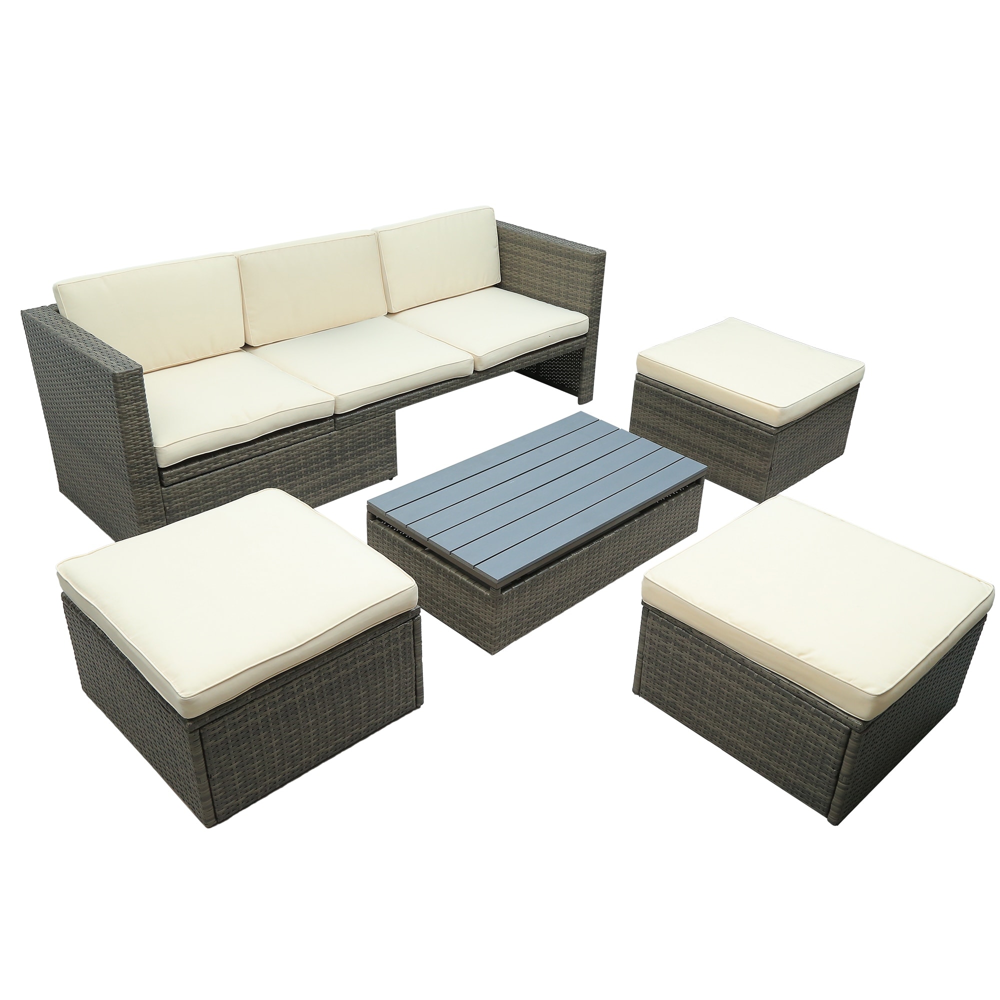 Beige 5-Piece Wicker Sectional Sofa Set