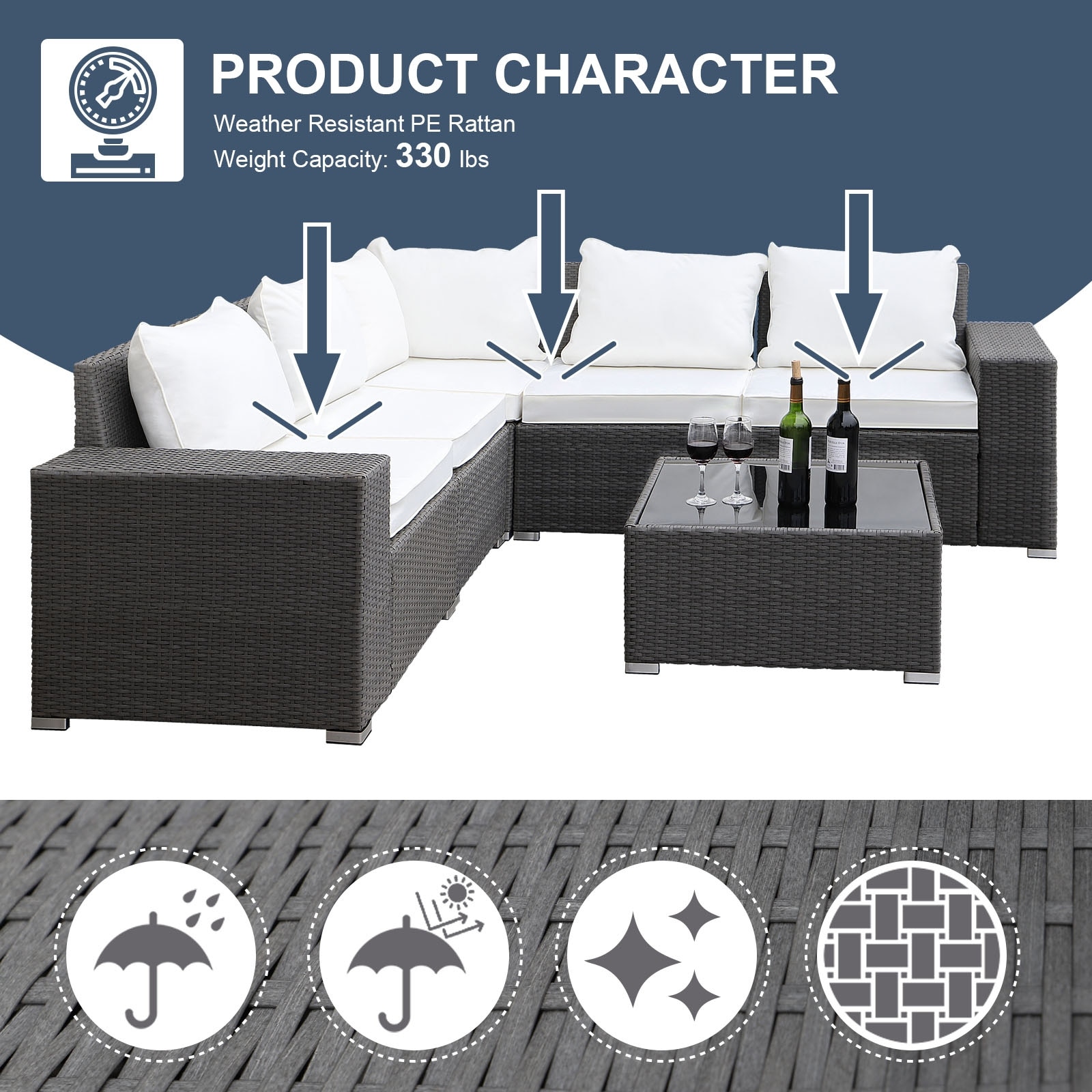 Grey 6-Piece Gray Metal PE Rattan Garden Furniture Sofa Set, Space-Saving, Modular, No Assembly