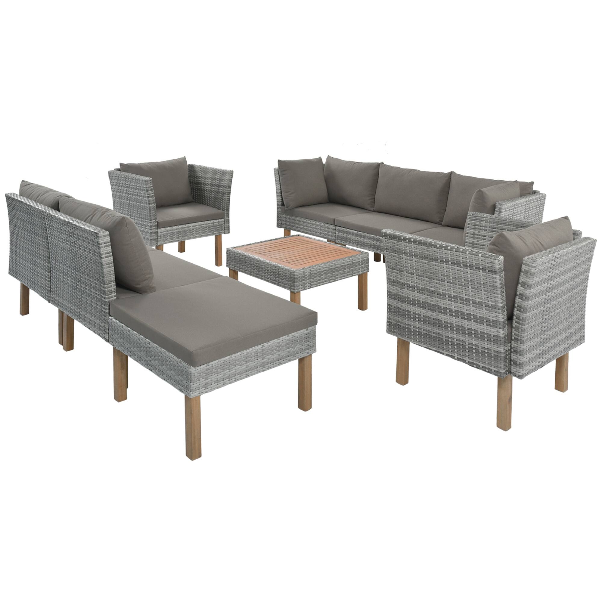 Gray Outdoor Patio Furniture All-Weather Wicker Sofa Set with Acacia Wood Table Top and Removable Cushions, PE Rattan