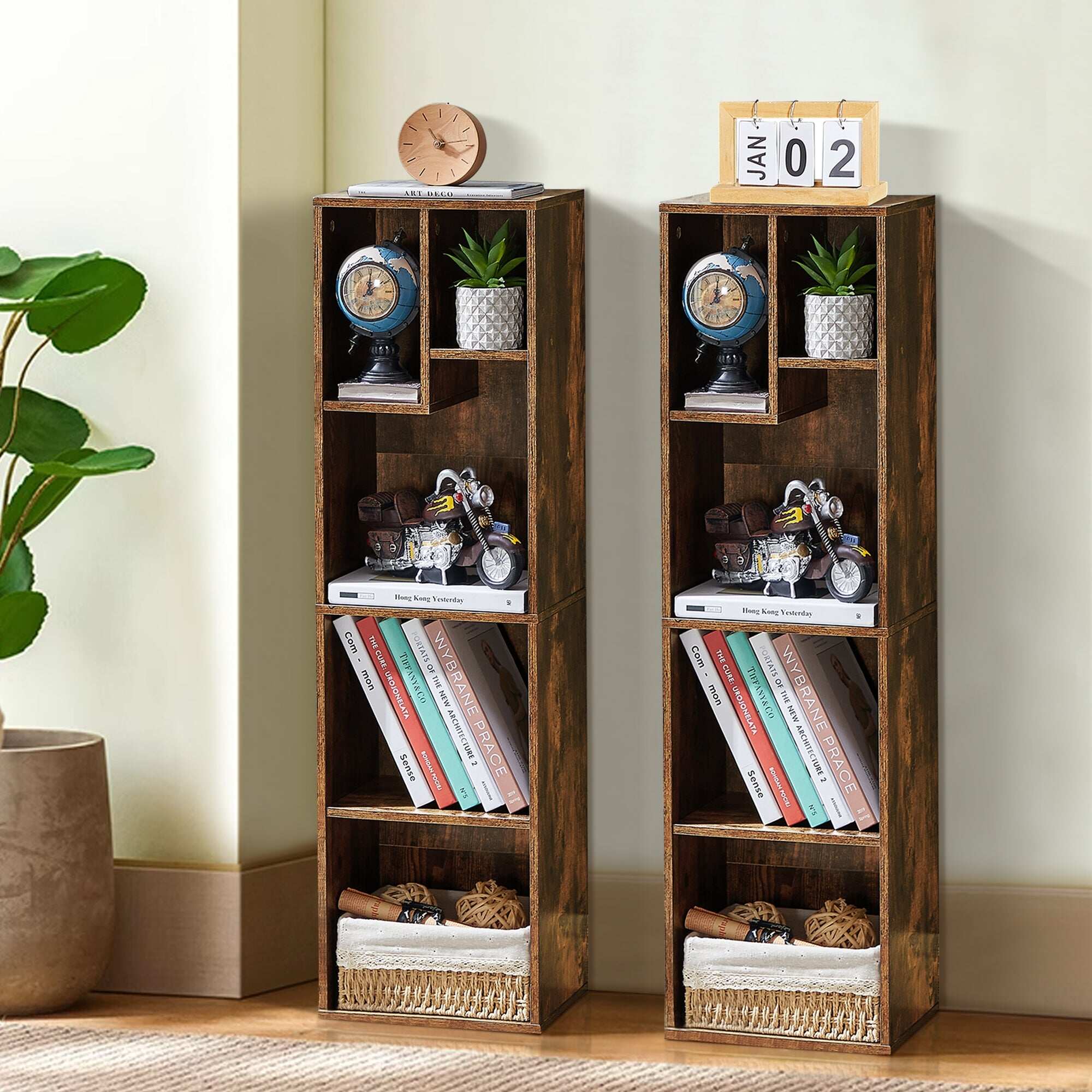 5 Tier Bookshelf, Set of 2 Tall Bookcase Shelf Storage Organizer, Modern Book Shelf for Bedroom, Living Room and Home Office