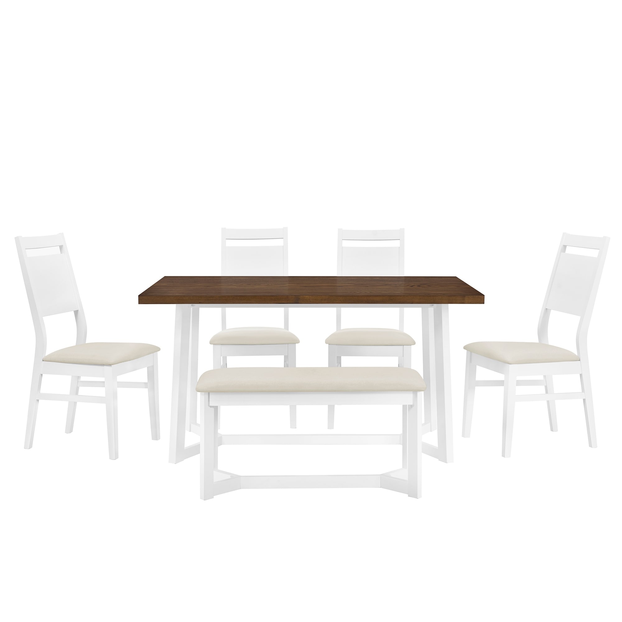 White Farmhouse 6-Piece Dining Table Set with 4 Upholstered Chairs and Bench, Solid Wood