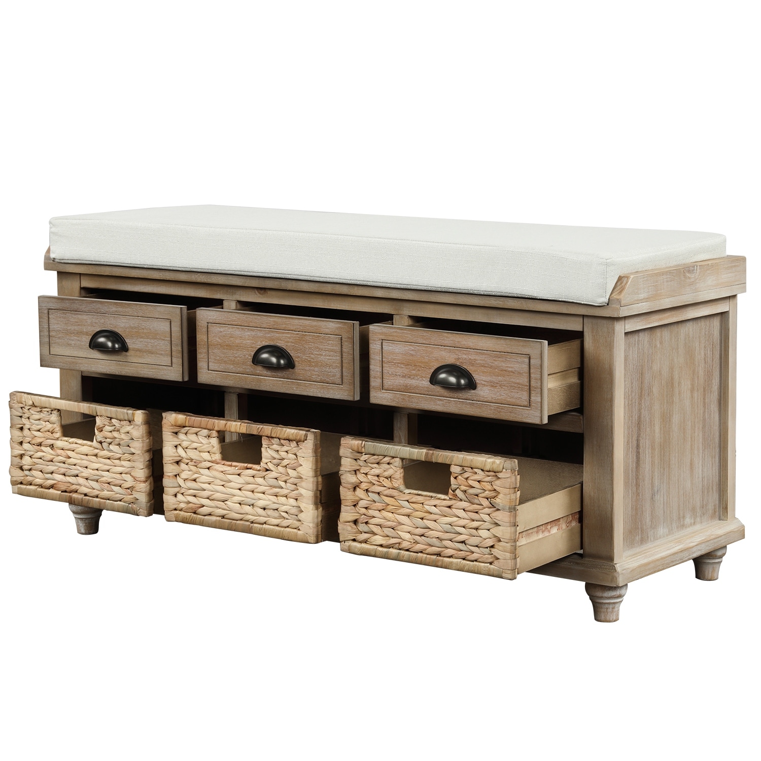 Rustic Storage Bench Solid Wood Entryway Bench with 3 Drawers and 3 Rattan Baskets Shoe Bench for Living Room