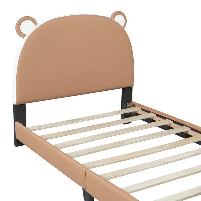 79" Twin Size PU Platform Bed with Bear-shaped Upholstered Headboard and Footboard