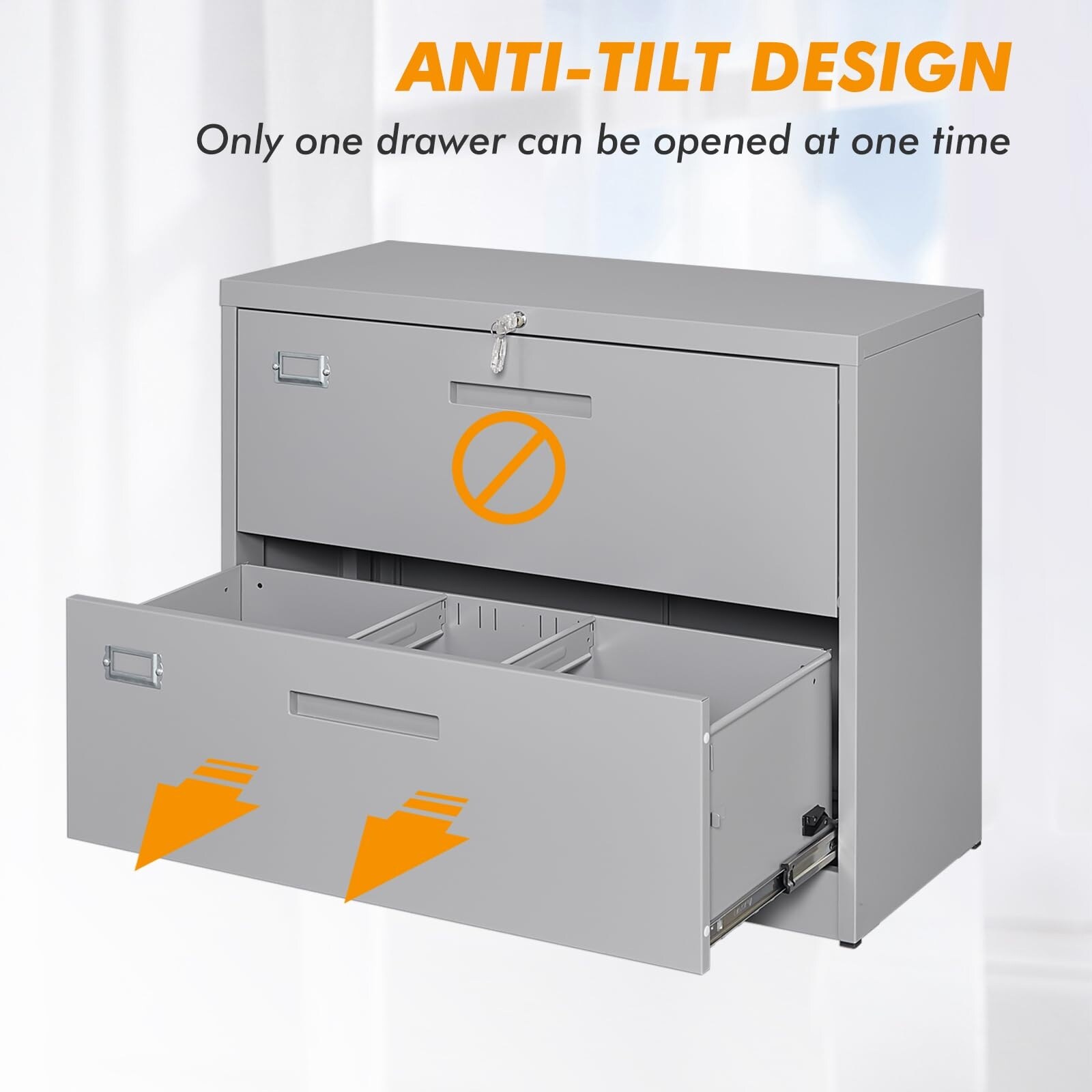 Lateral File Cabinet with Lock, 2 Drawer Metal Filing Cabinet, Locking Metal Steel Wide File Cabinet for Legal/Letter A4 Size