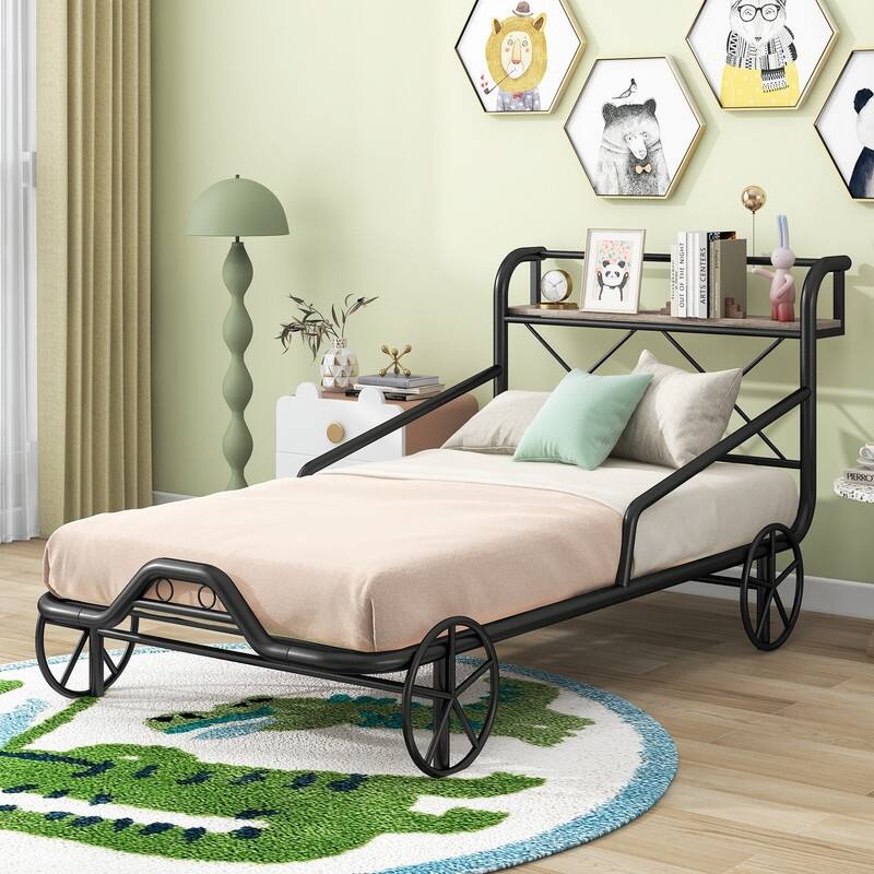 Twin Size Metal Car Shape Bed with Four Wheels Guardrails Frame Storage Shelf Home Kids