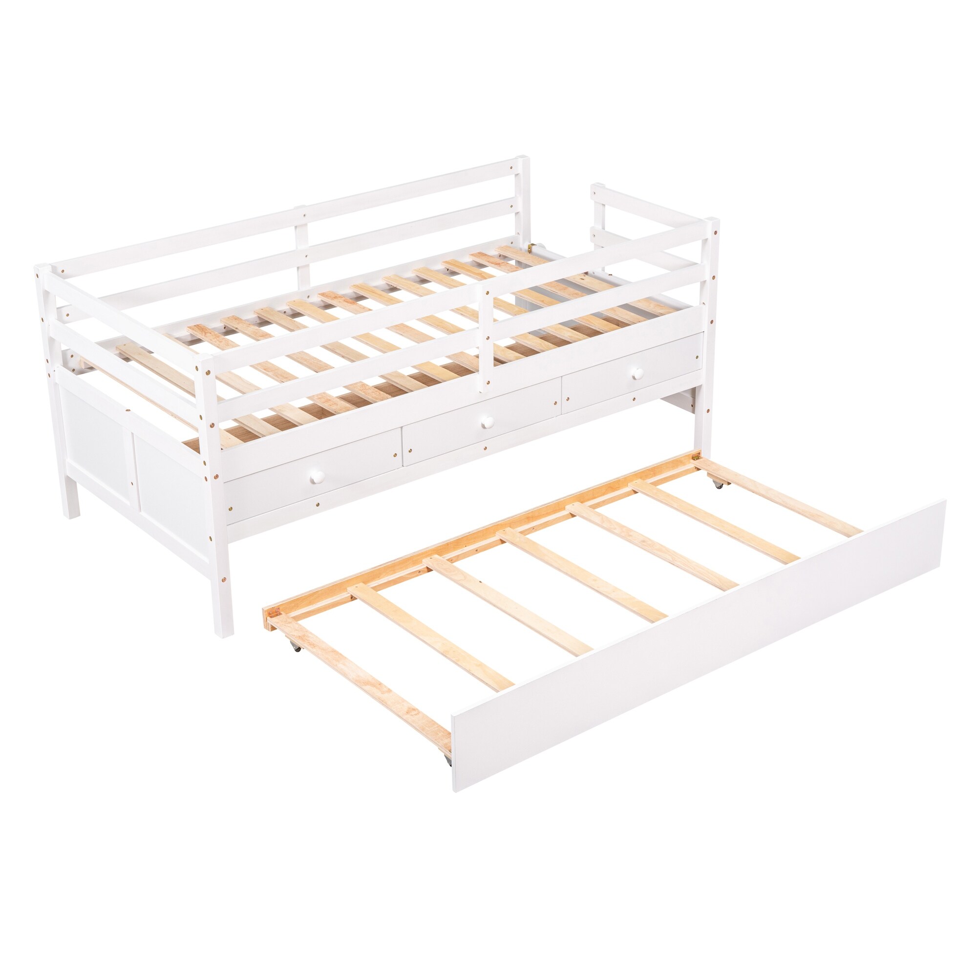 Twin Size Low Loft Bed with Full Safety Fence, Climbing ladder, Storage Drawers and Trundle, White