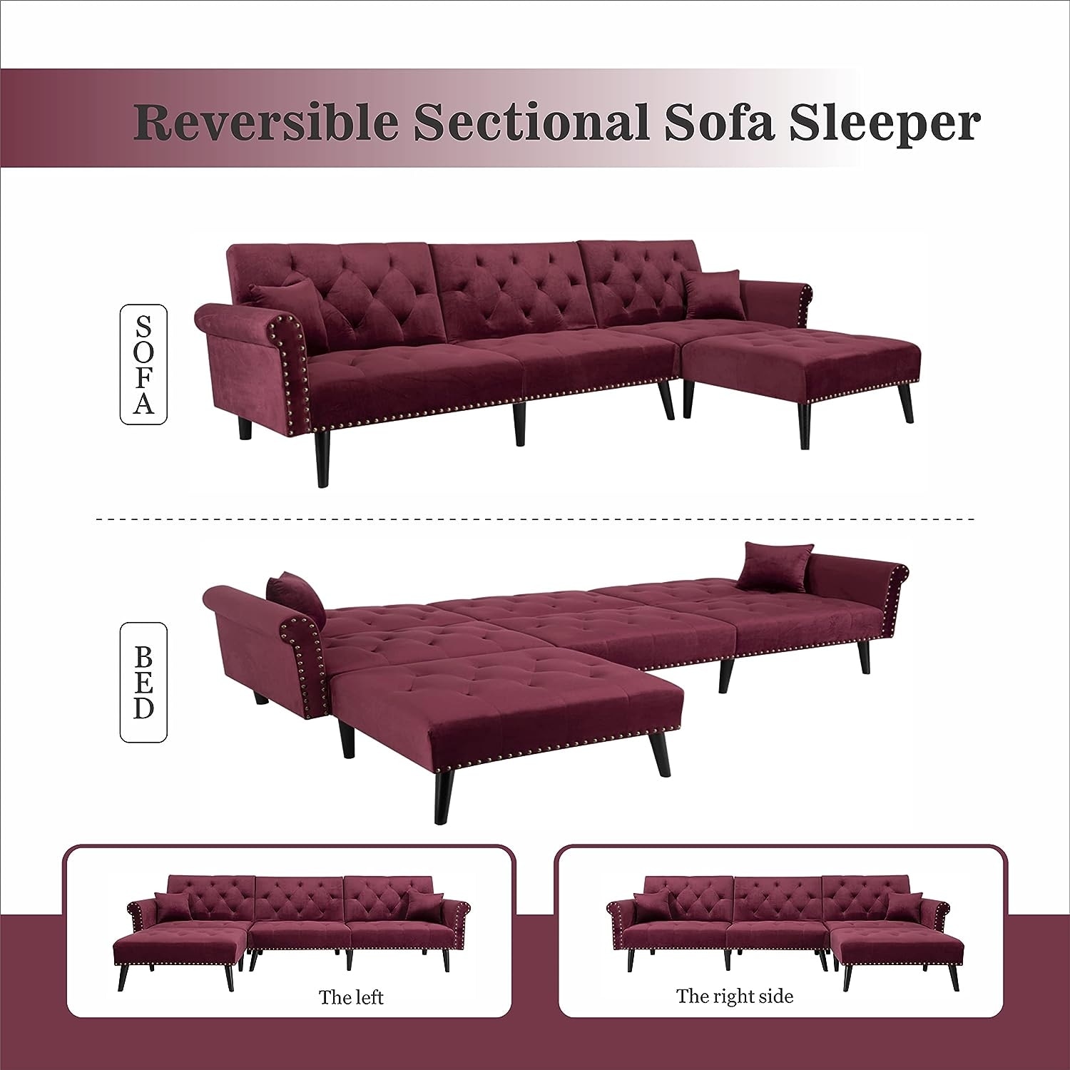 Velvet Convertible Sleeper Sofa Bed L-shape Reversible Sectional Couch Set for Living Room Sofa Set with Nailheads Arms
