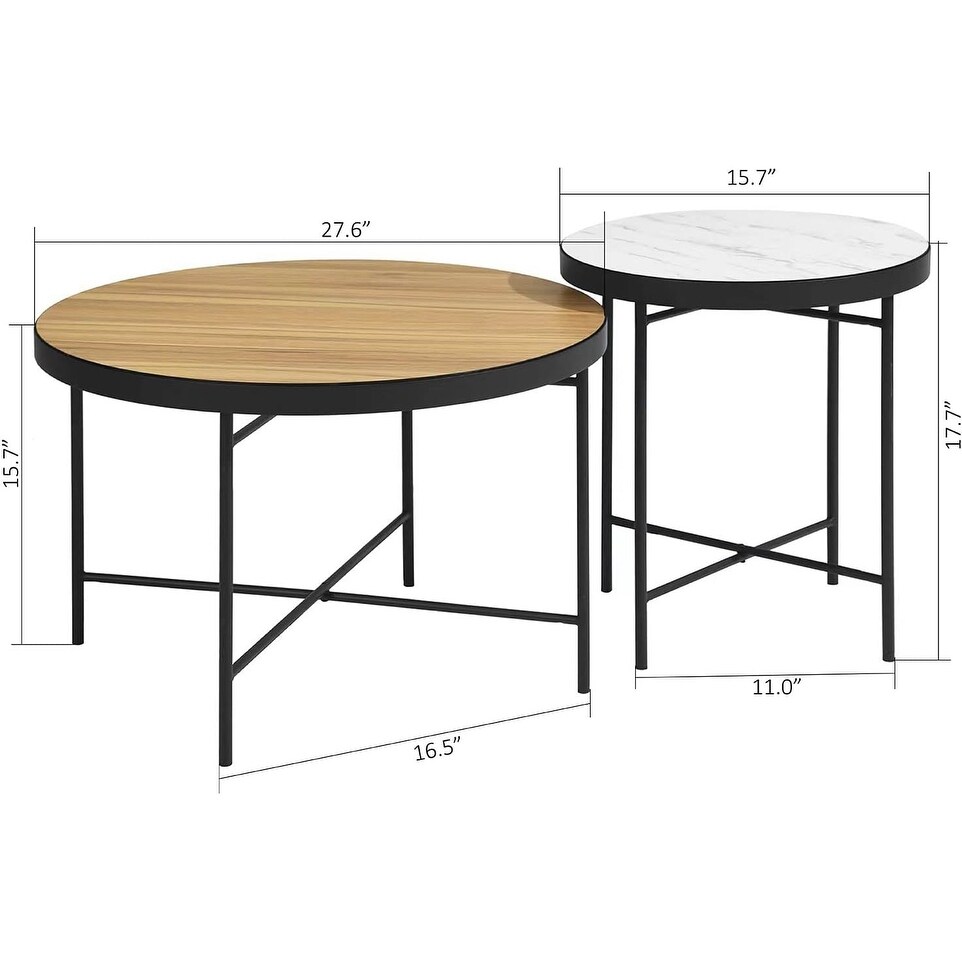 Homylin Oak & White Modern Round Coffee Table Set of 2