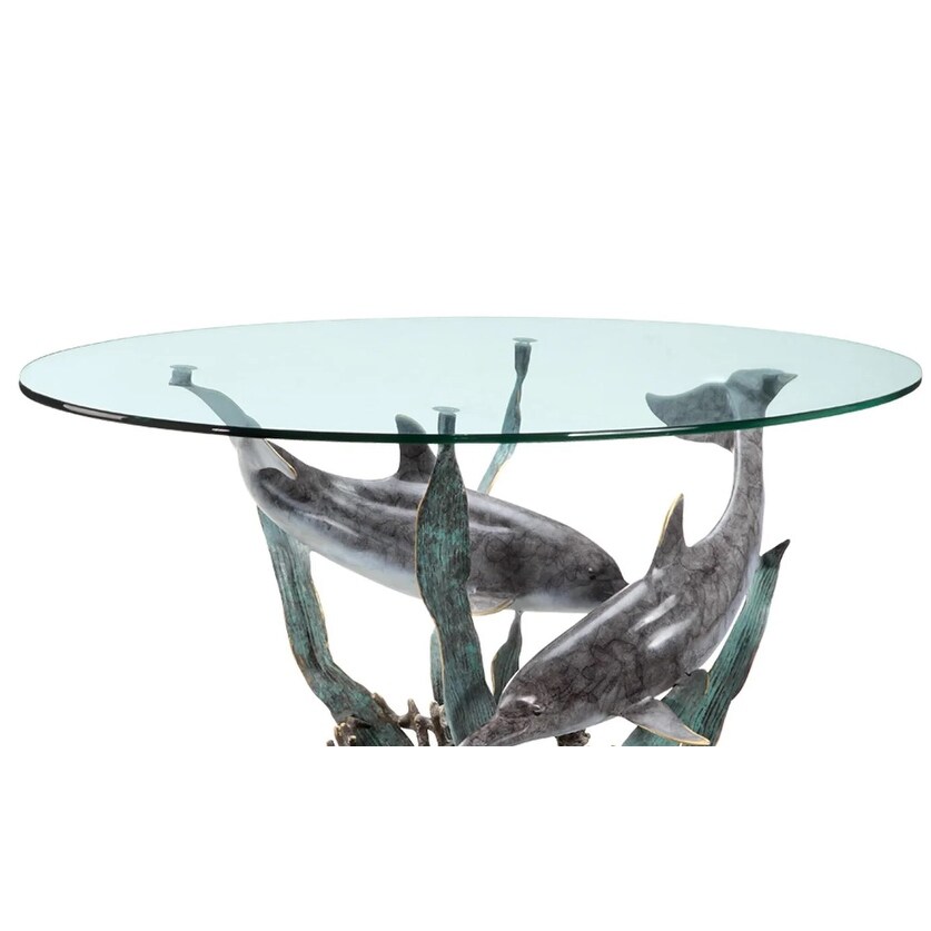 Cast Aluminum Imitation Dolphin Duet Glass Top Coffee Table - 22 X 42 X 24 inches