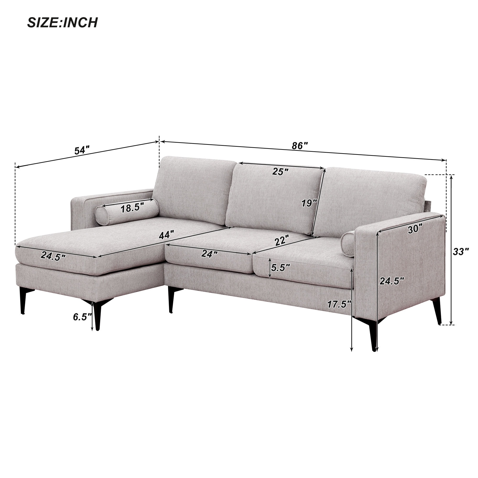 Chenille Fabric Sectional Sofa Set 86" L-shape Convertible Couch Set for Living Room Sofa Set with Reversible Chaise and Pillows