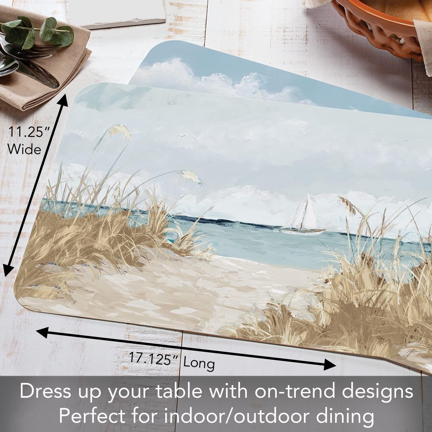 Wipe-Clean Reversible Decofoam Placemats, Coastal Scenery, Set of 4, Made in The USA
