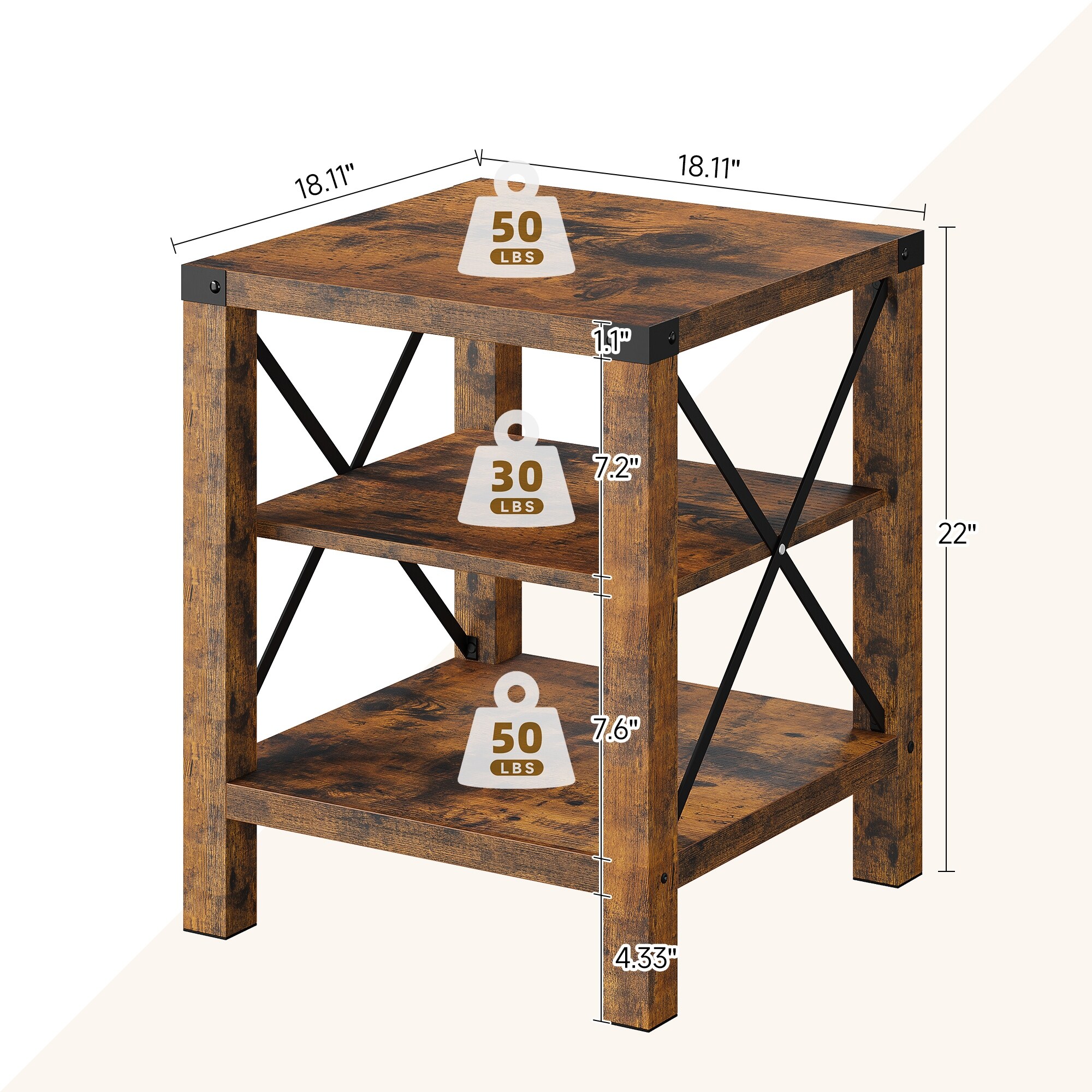 Set of 2 Rustic End Table Farmhouse Accent Cocktail Table for Living Room/ Bed Room - 18.1"D x 18.1"W x 22"H