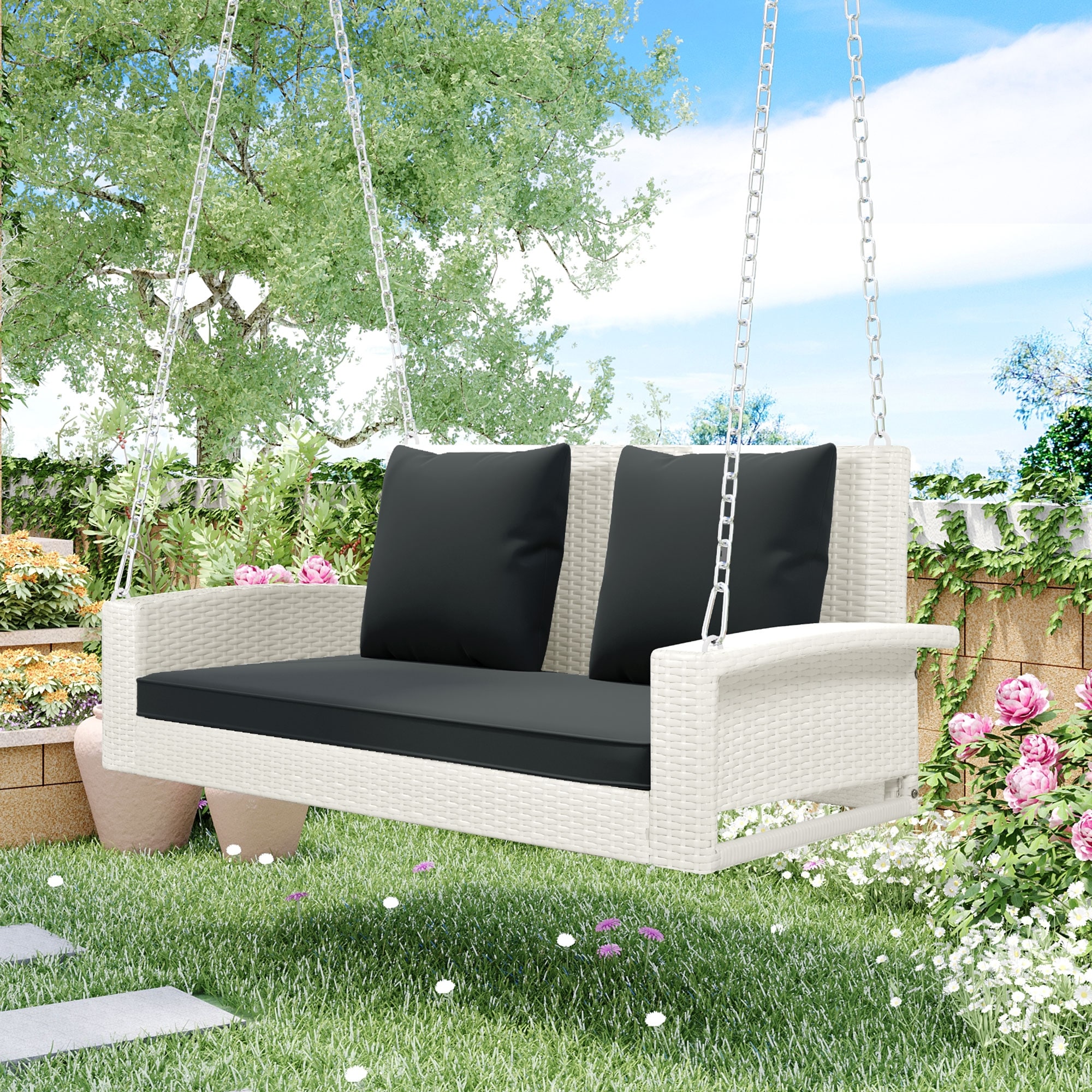2-Person Wicker Porch Swing, Modern Rocking Porch Swing with Chains Cushion Pillow Bench for Garden Backyard