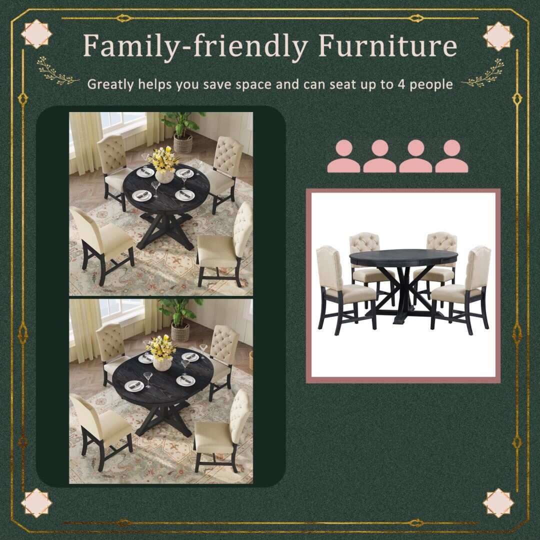 Functional Furniture Retro Style Dining Table Set with Extendable Table and 4 Upholstered Chairs