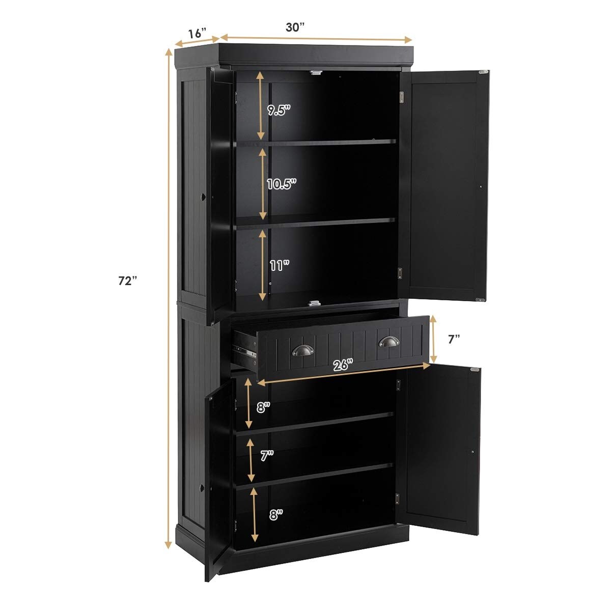Kitchen Pantry Cupboard Cabinet, Freestanding Storage Cabinet w/Drawers & Adjustable Shelves, 4-Door Wooden Storage Organizer