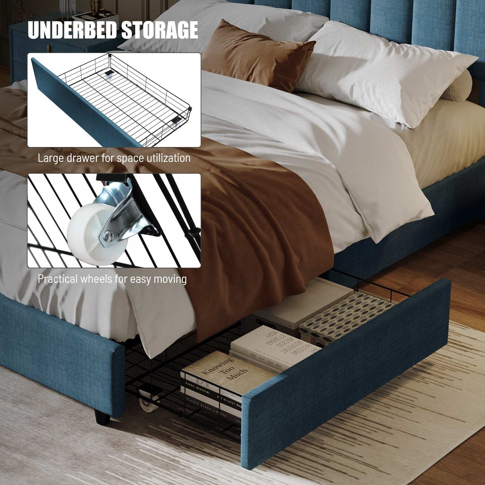 Queen Size Upholstered Platform Bed Linen Bed Frame with 2 Drawers