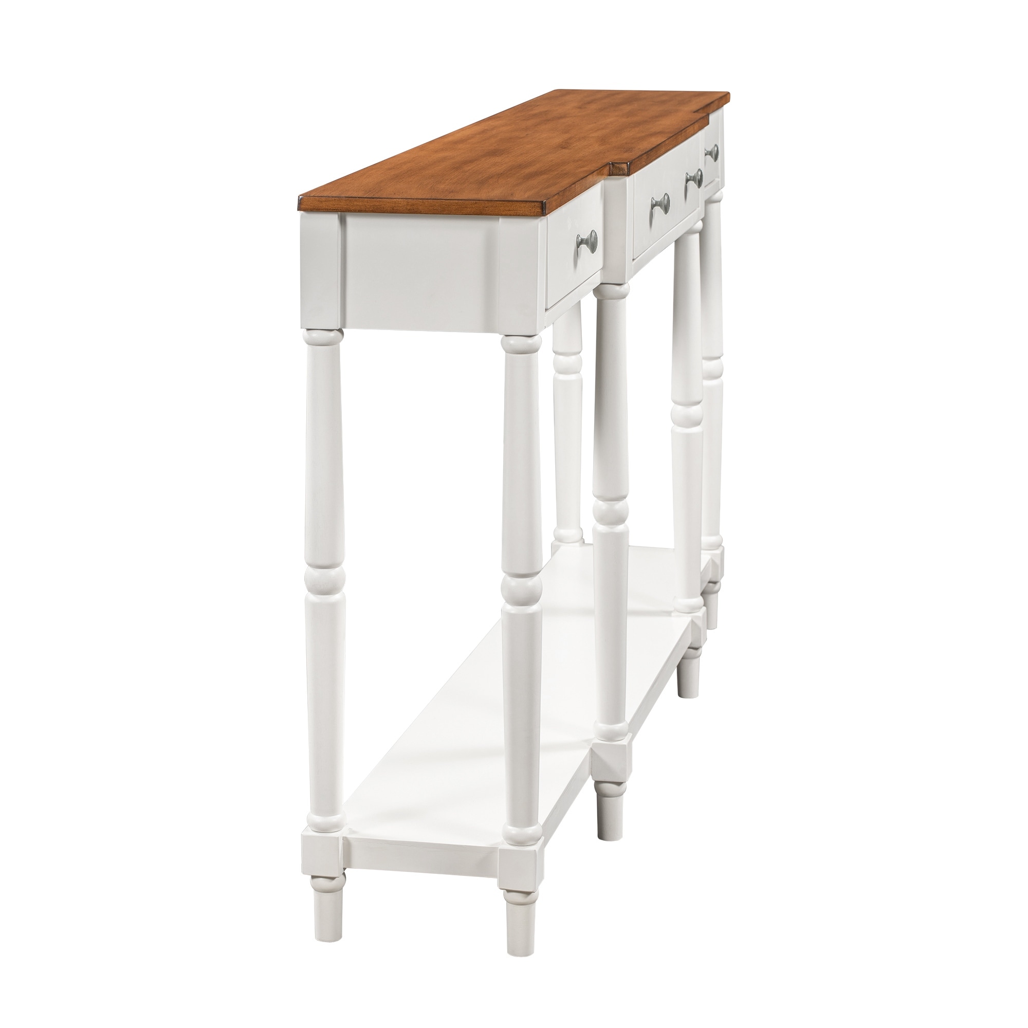 Classic Console Table with 3 Drawers and Bottom Storage Shelf, Solid Wood Sofa Table with Round Knobs for Entryway