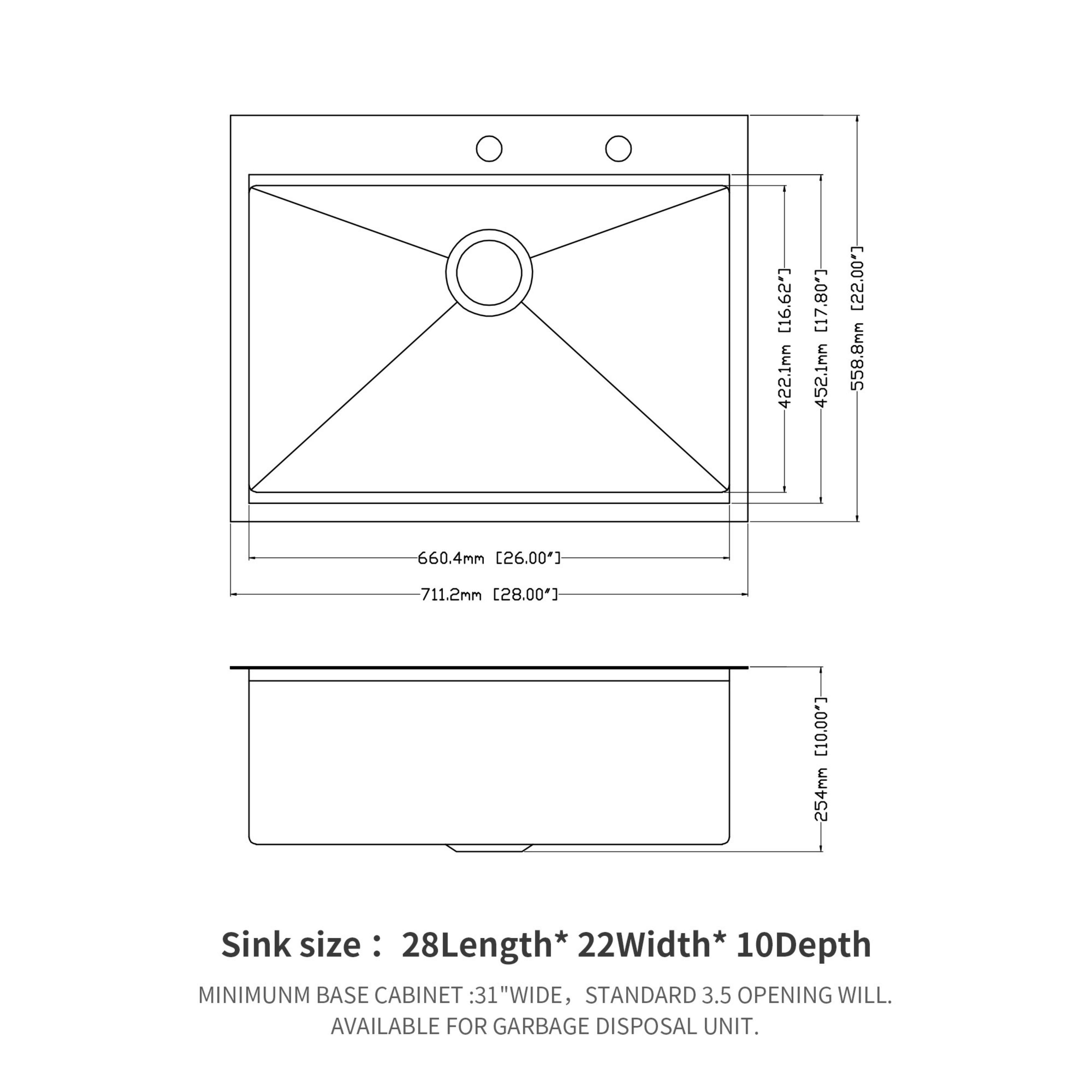 25''/28'' Kitchen Sink Stainless Steel Workstation Sink Drop-in Topmount Single Bowl Sink