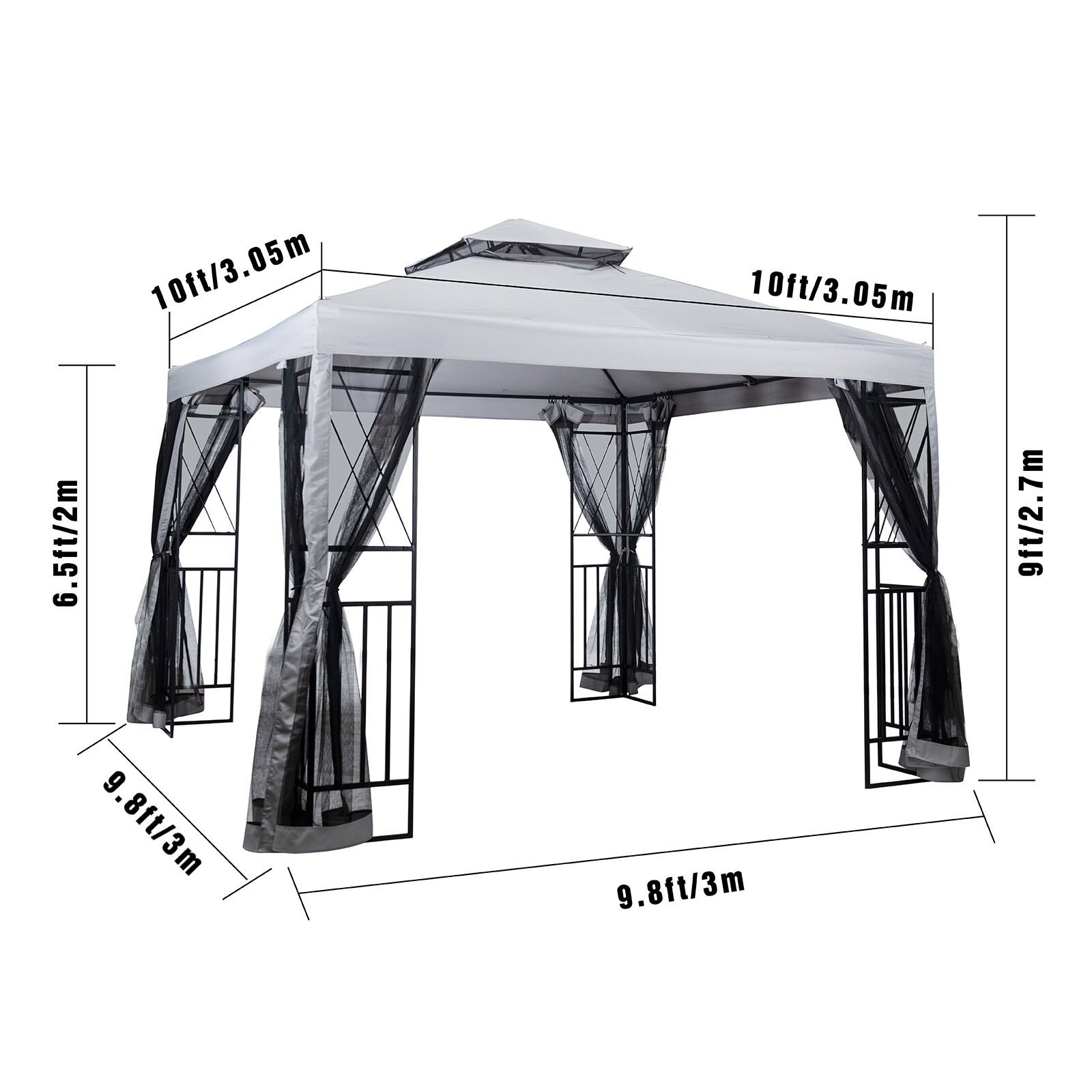 10' x 10' Patio Gazebo with Mosquito Net, Corner Shelves, and 2-Tier Ventilated Top