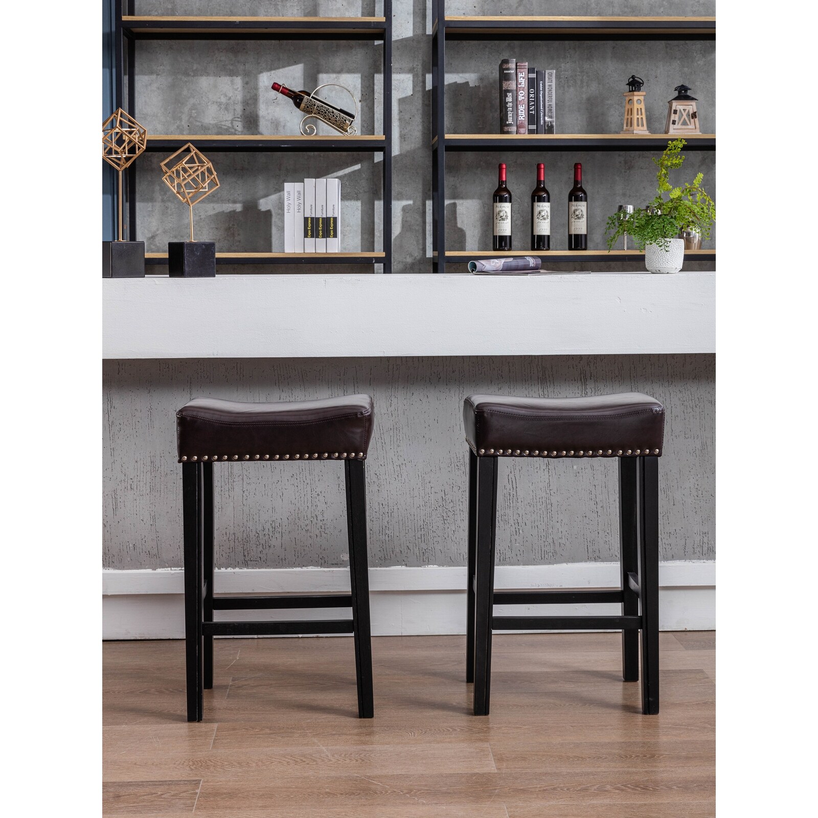 29" Bar Stools Backless Leather Saddle Barstools with Solid Wood Legs (Set of 2)