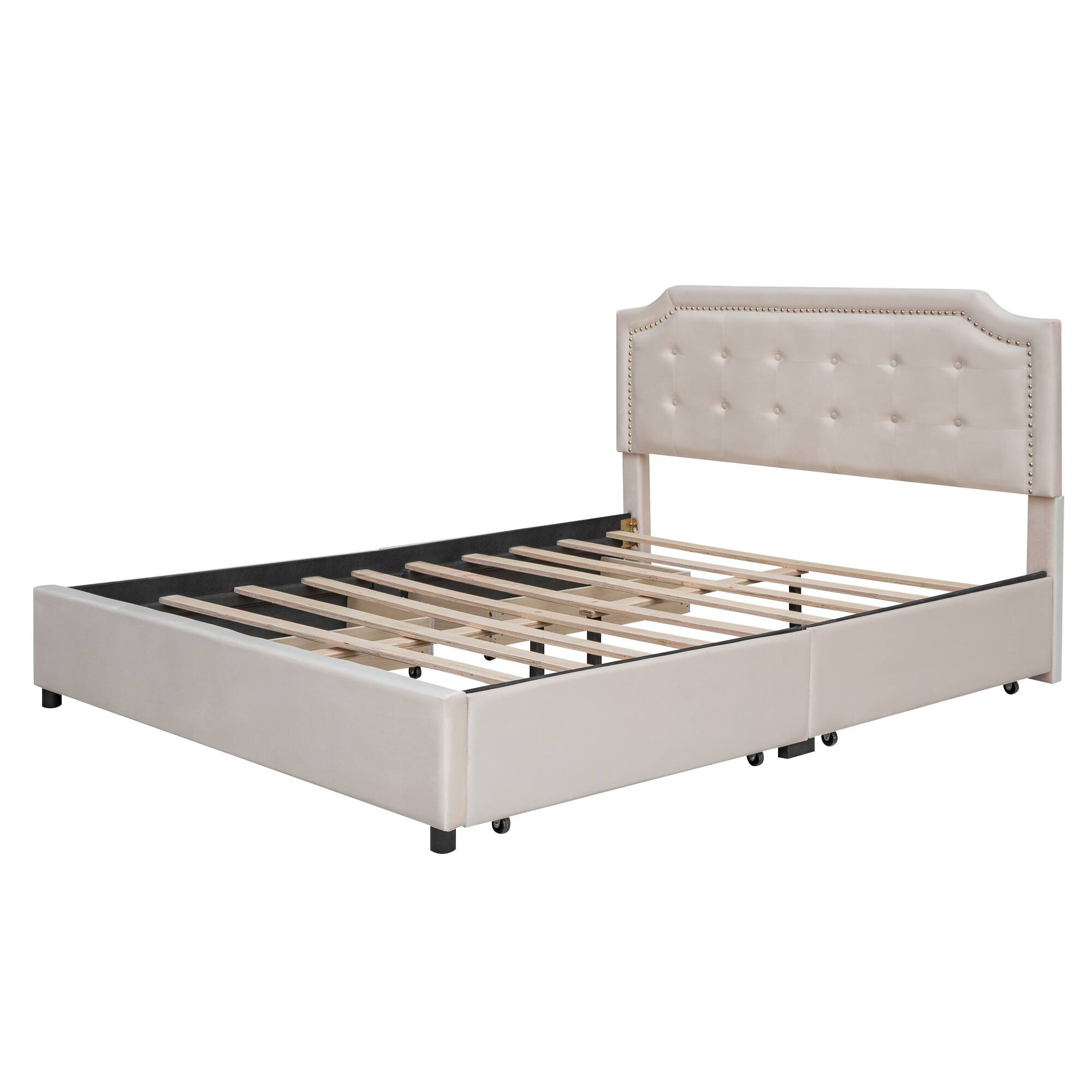 Queen Size Upholstered Platform Bed with Classic Headboard and 4 Drawers