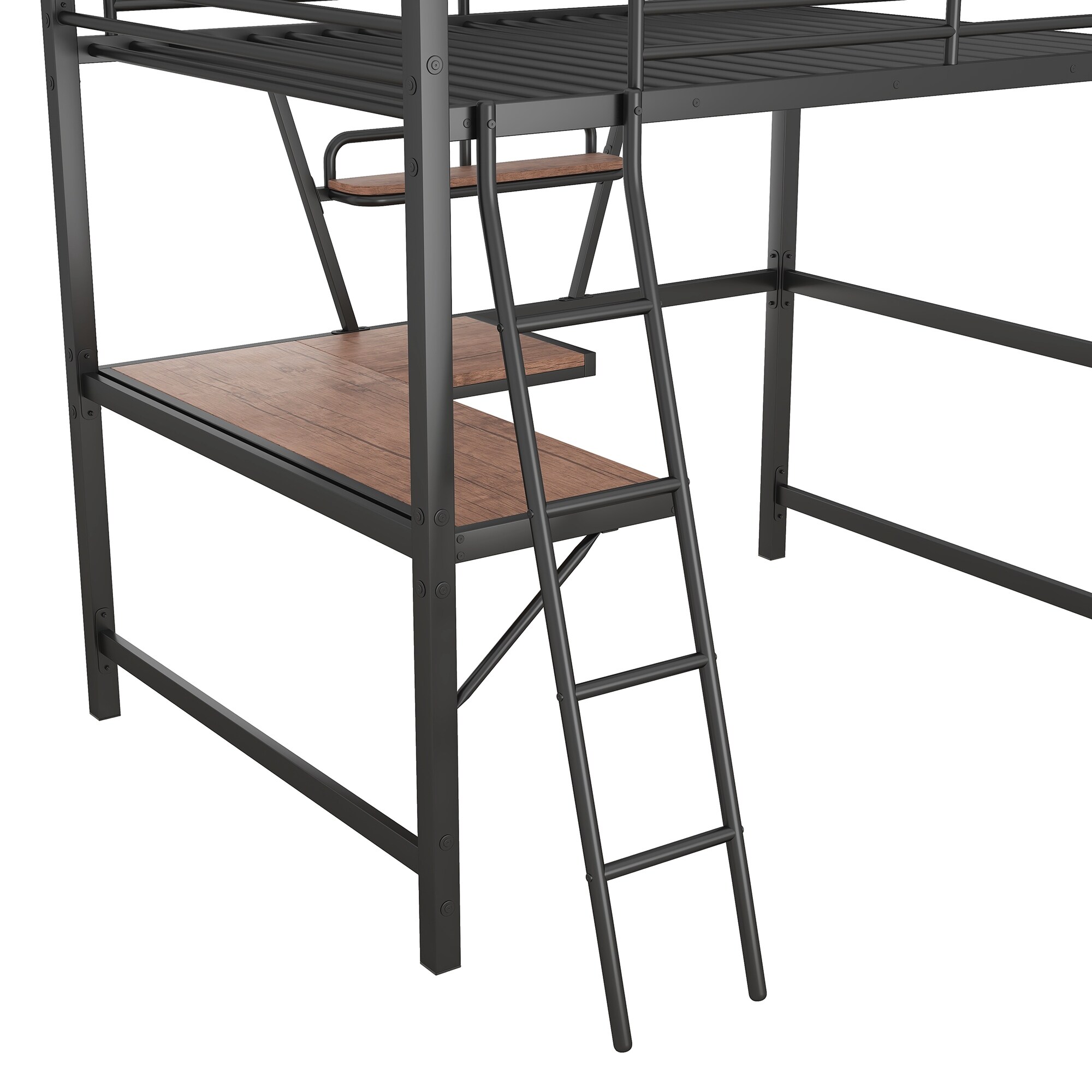 Full Size Loft Bed with Desk & Safety Guardrail, Metal & MDF Bed Frame